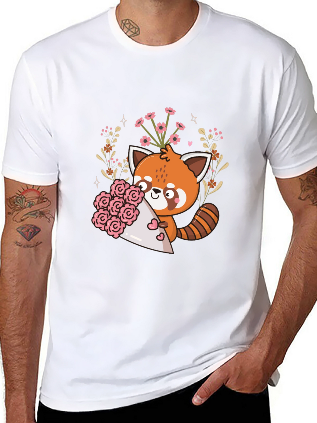 Cute Red Panda Floral Bouquet Graphic Tee