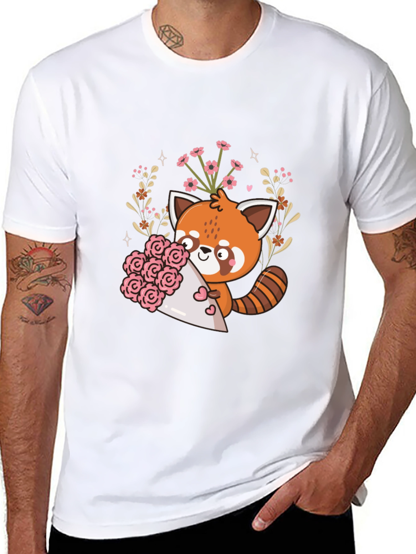 Cute Red Panda Floral Bouquet Graphic Tee