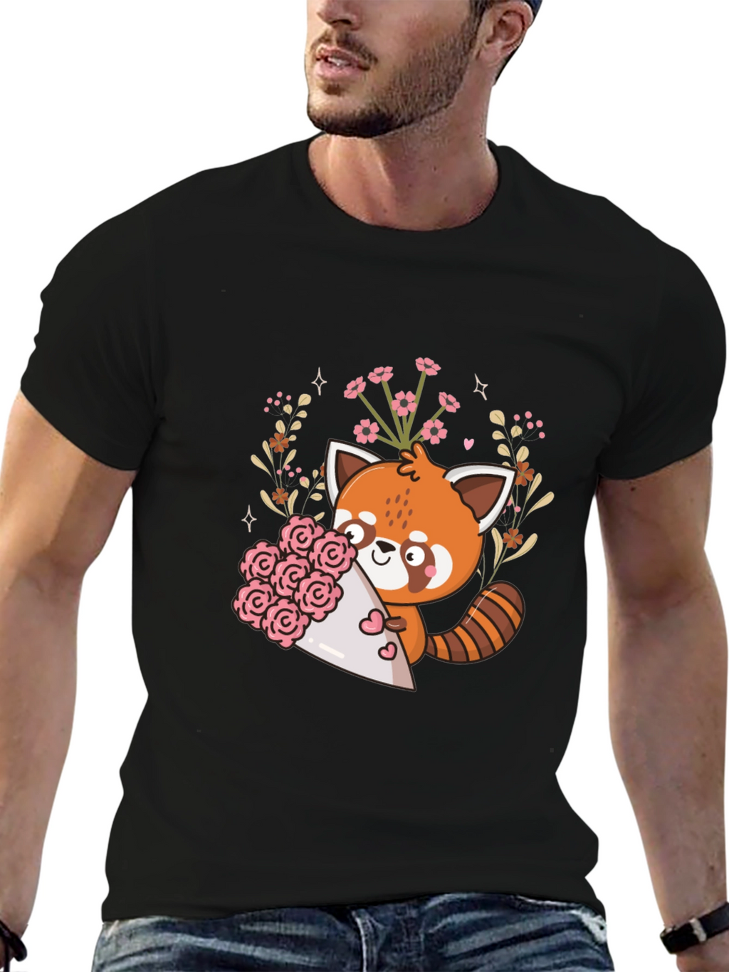 Cute Red Panda Floral Bouquet Graphic Tee