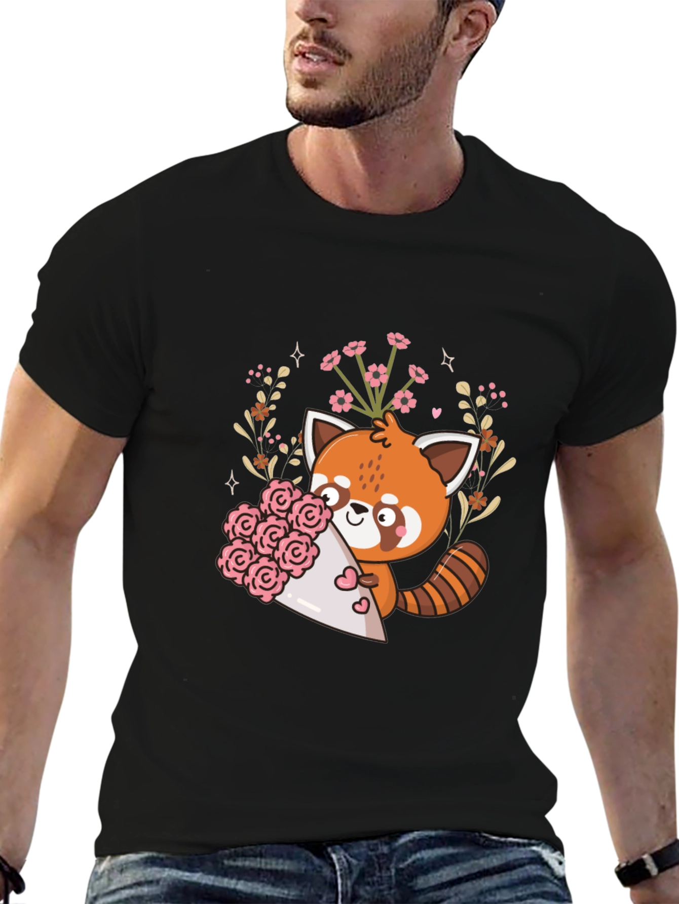 Cute Red Panda Floral Bouquet Graphic Tee