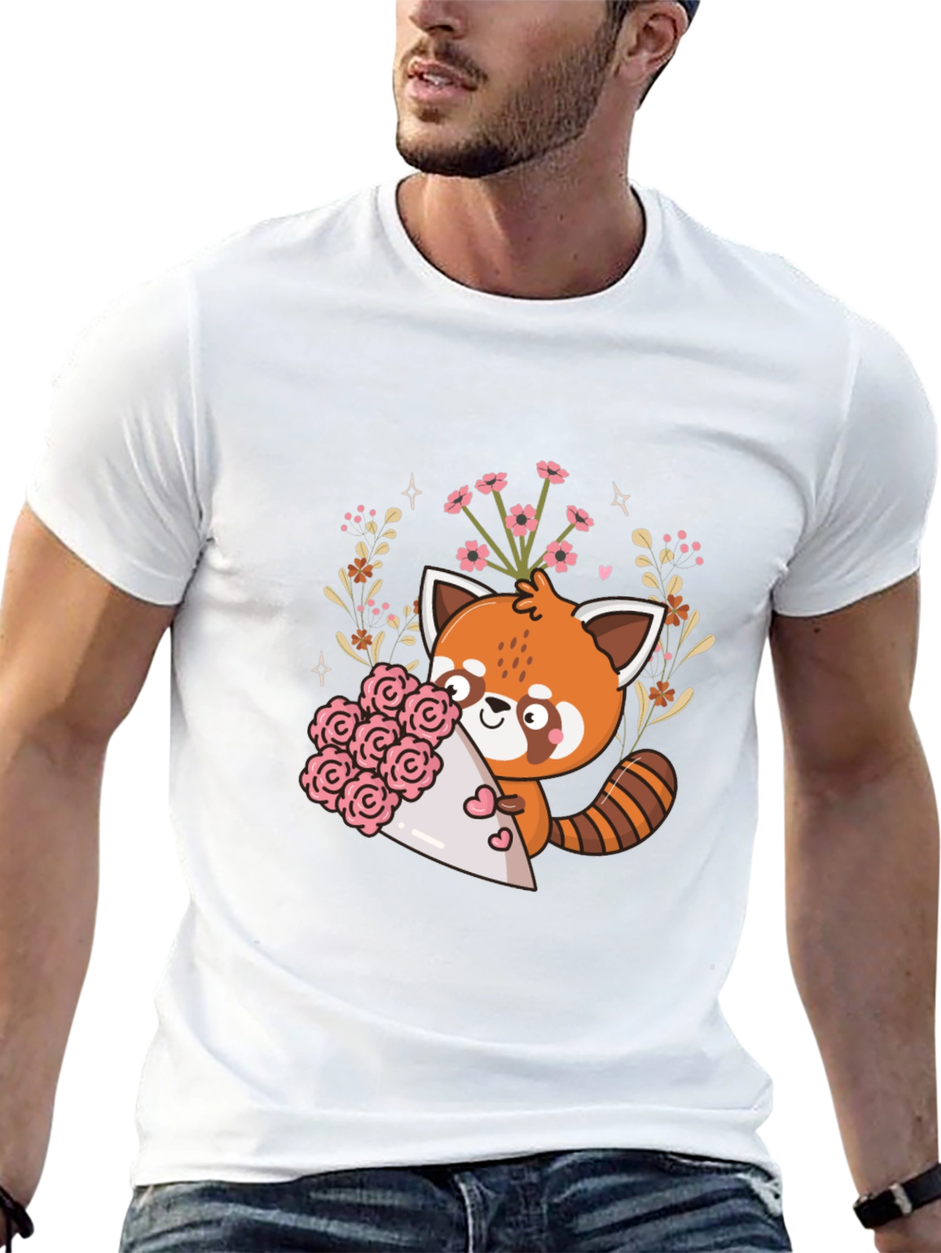 Cute Red Panda Floral Bouquet Graphic Tee