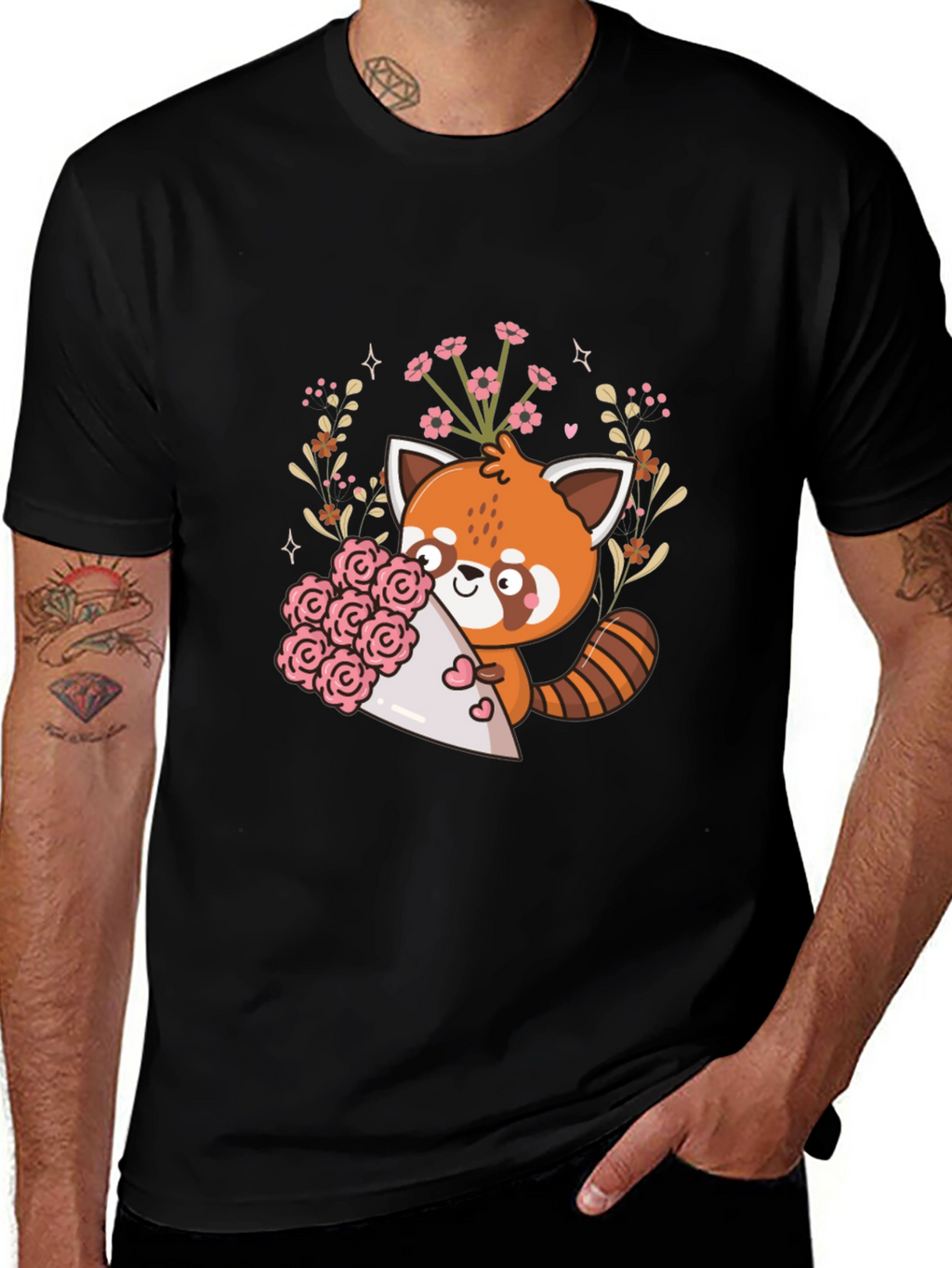 Cute Red Panda Floral Bouquet Graphic Tee