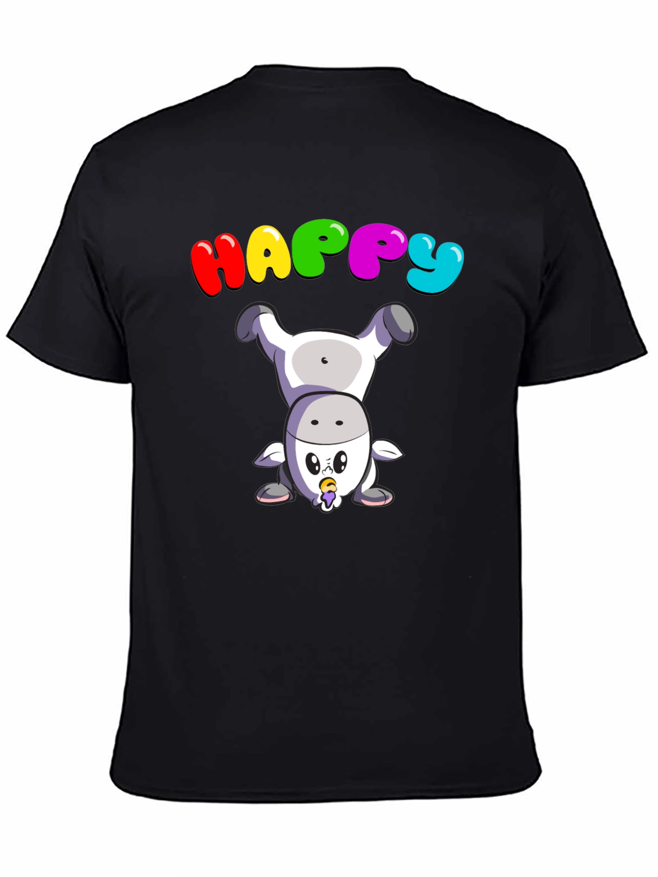 Happy Upside Down Cow Black T-Shirt