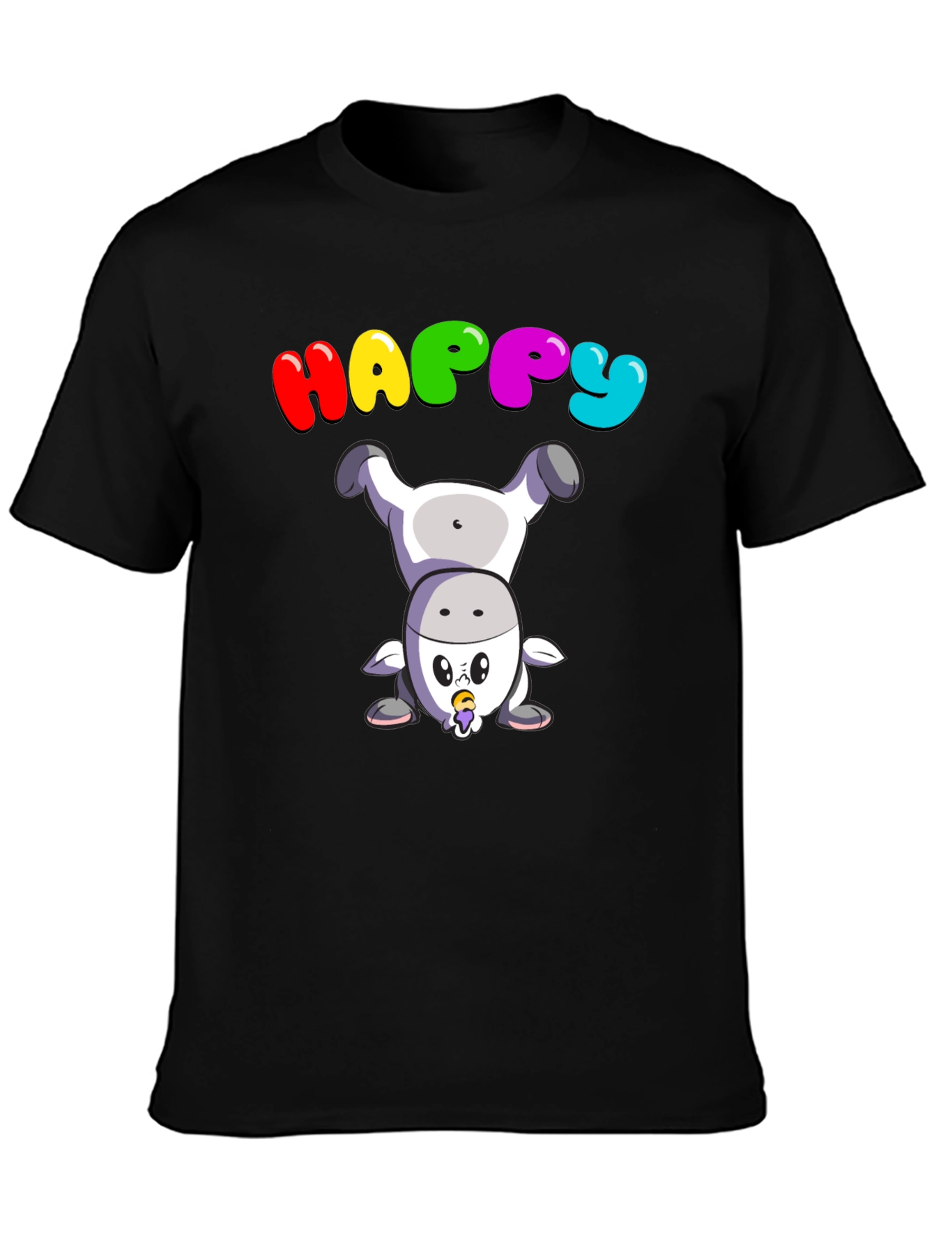 Happy Upside Down Cow Black T-Shirt