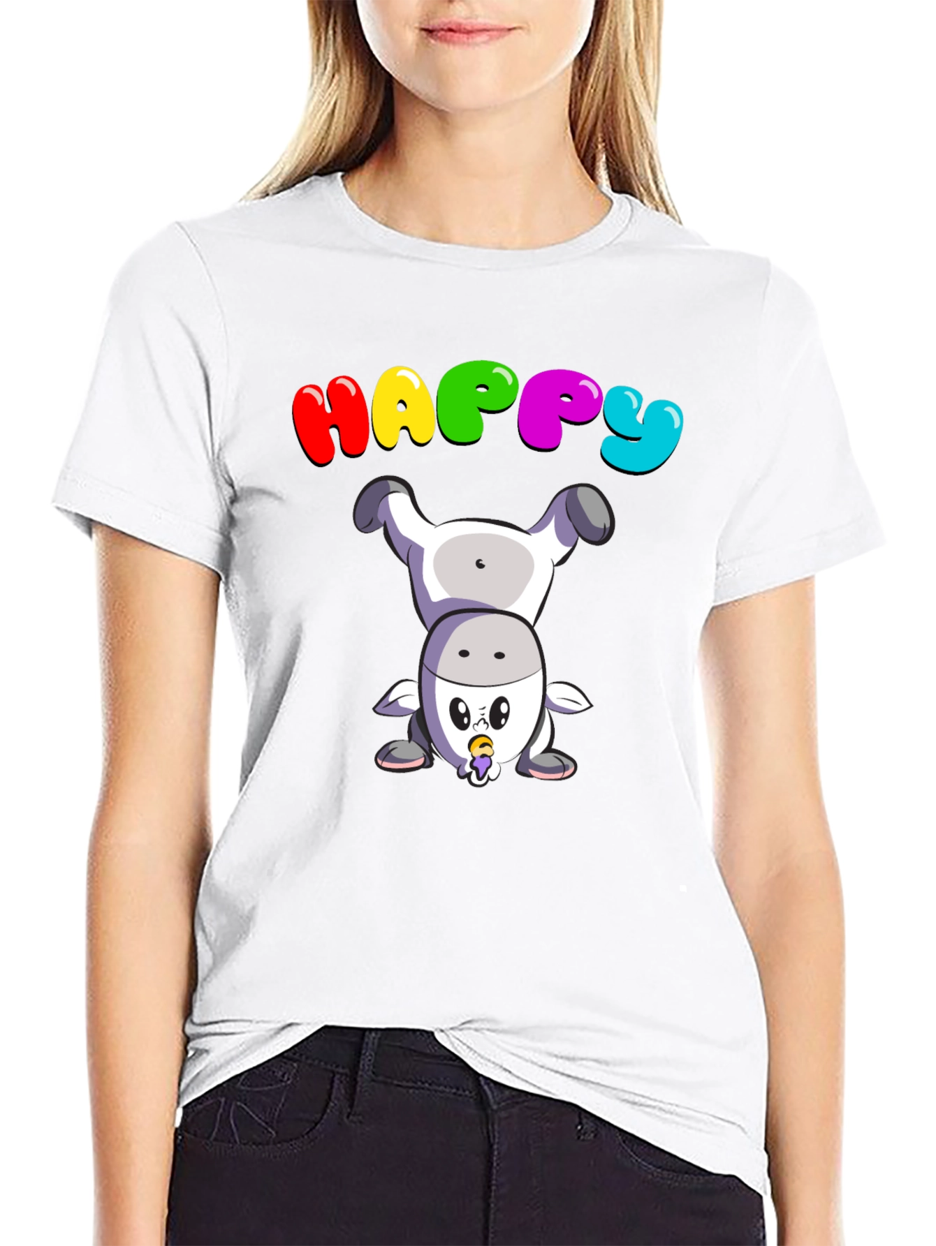 Happy Upside Down Cow Black T-Shirt