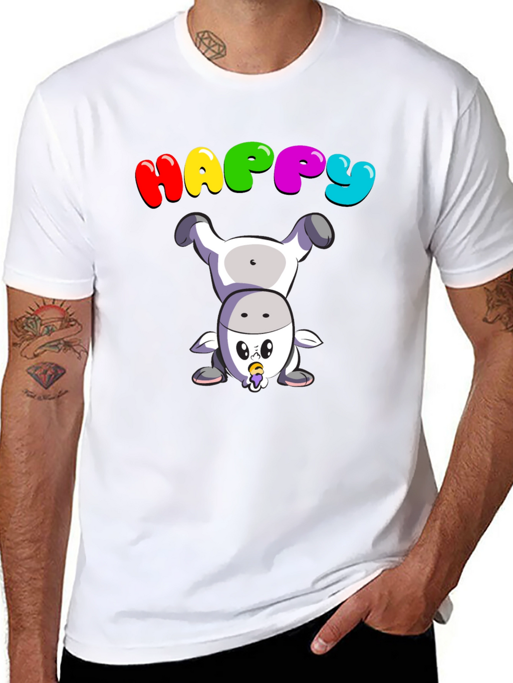 Happy Upside Down Cow Black T-Shirt