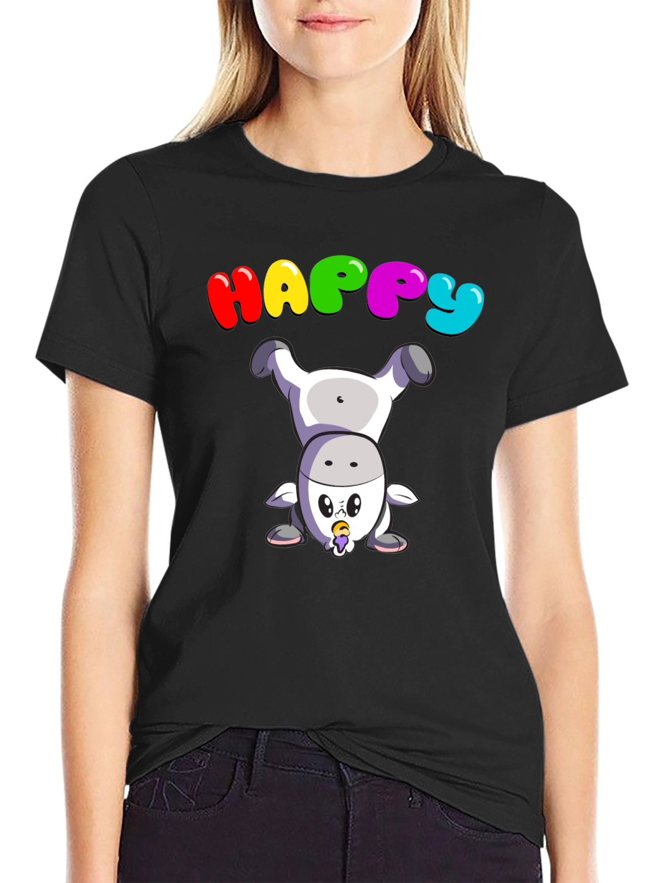 Happy Upside Down Cow Black T-Shirt