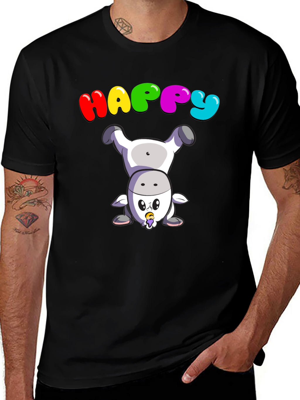 Happy Upside Down Cow Black T-Shirt