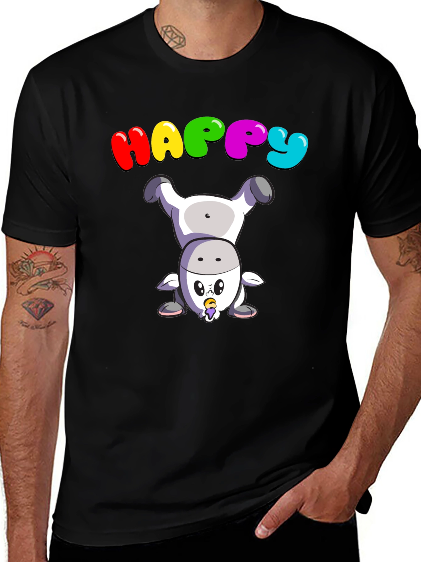 Happy Upside Down Cow Black T-Shirt