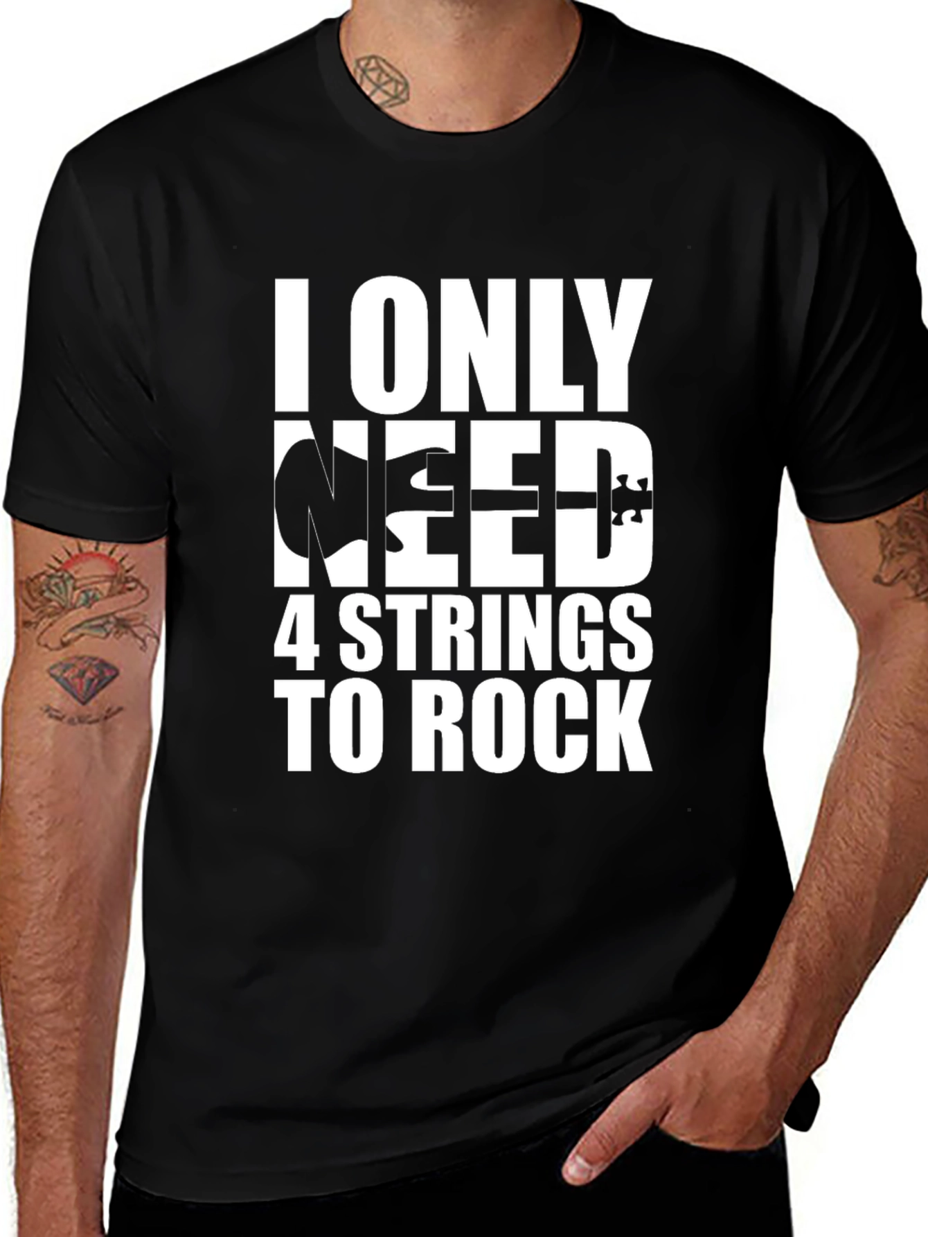 4 String Bass Guitar T-Shirt Rock Music Black Tee