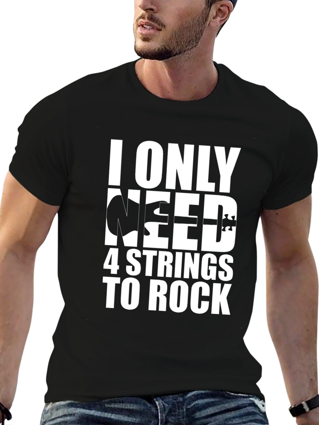 4 String Bass Guitar T-Shirt Rock Music Black Tee