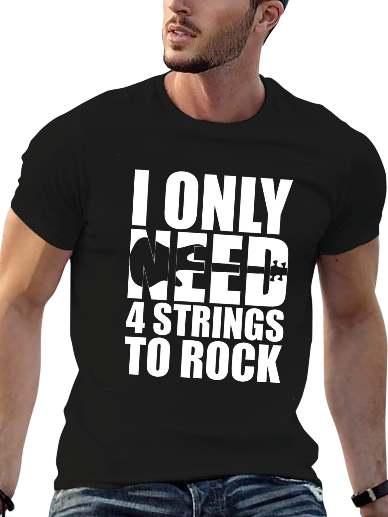 4 String Bass Guitar T-Shirt Rock Music Black Tee