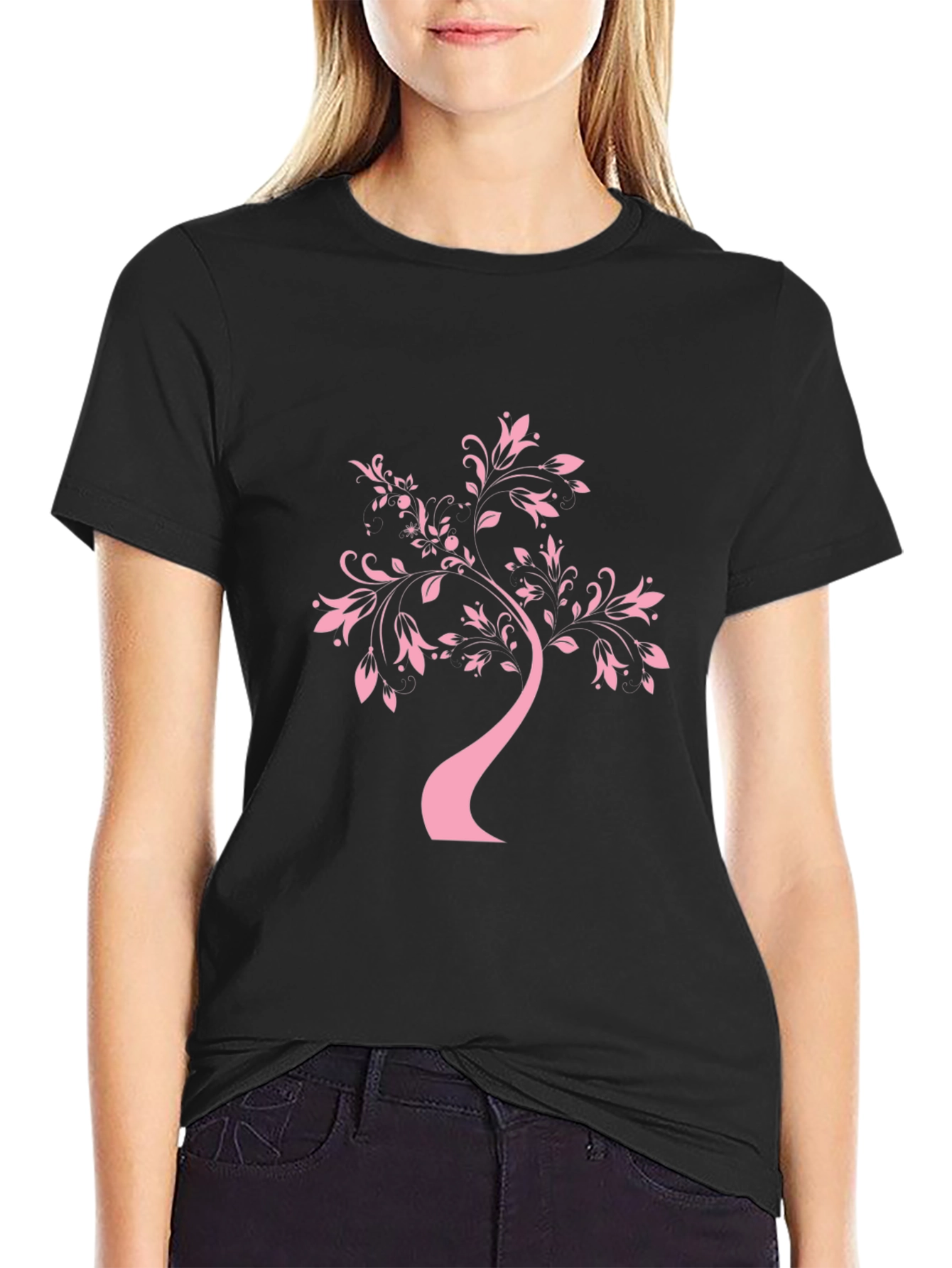 Black T-Shirt with Pink Tree Design