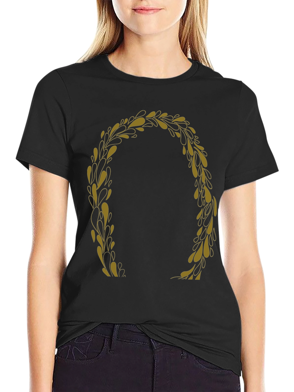Black T-Shirt with Gold Laurel Wreath Graphic