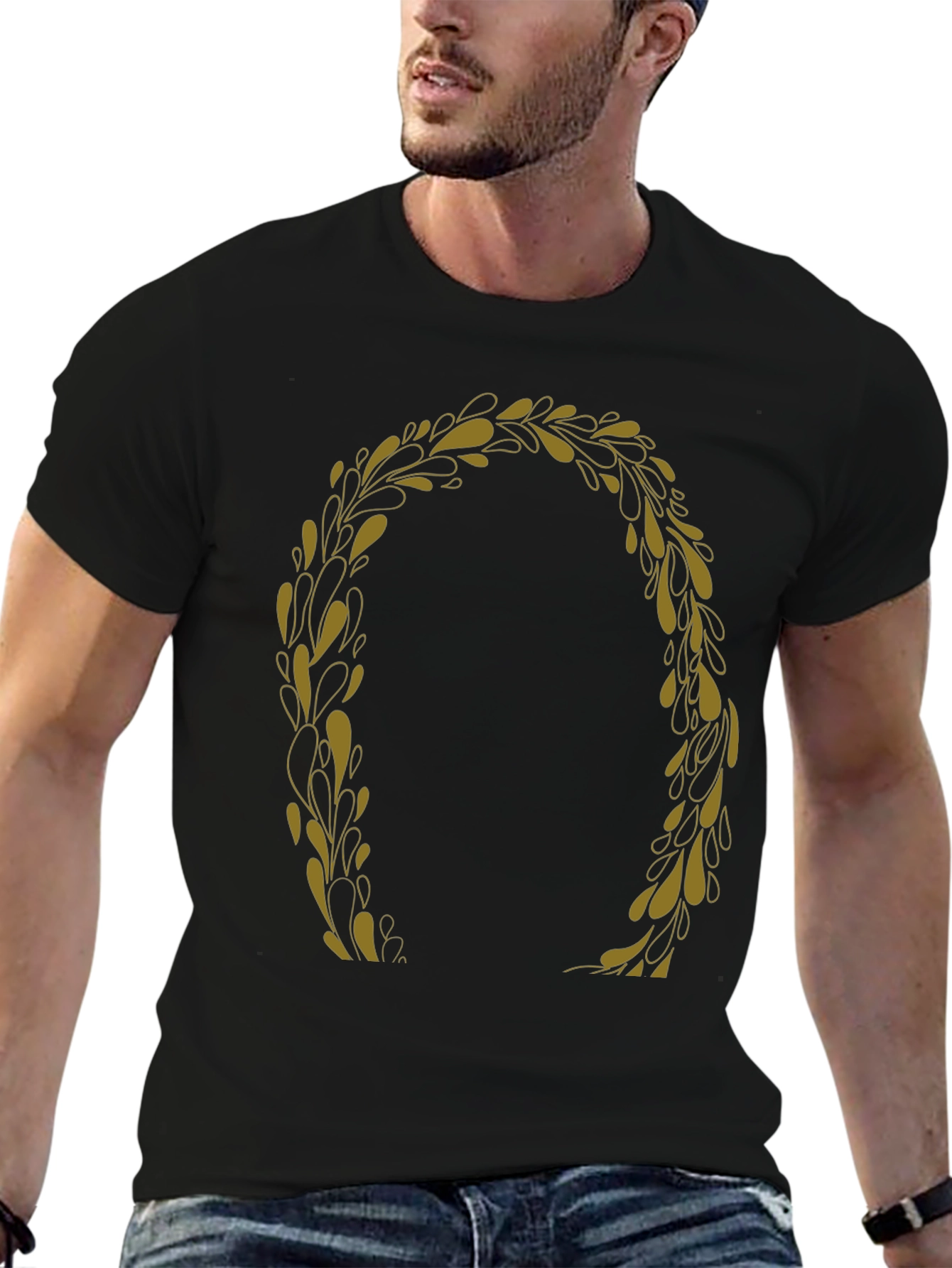 Black T-Shirt with Gold Laurel Wreath Graphic