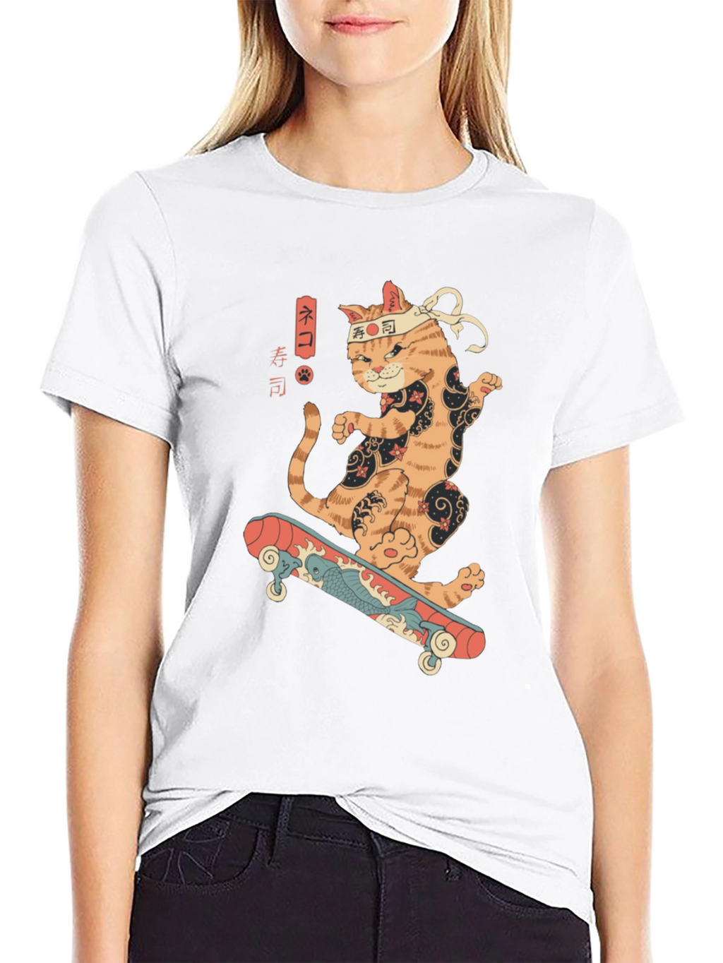 Skateboarding Sushi Cat T-Shirt - Cool Graphic Tee