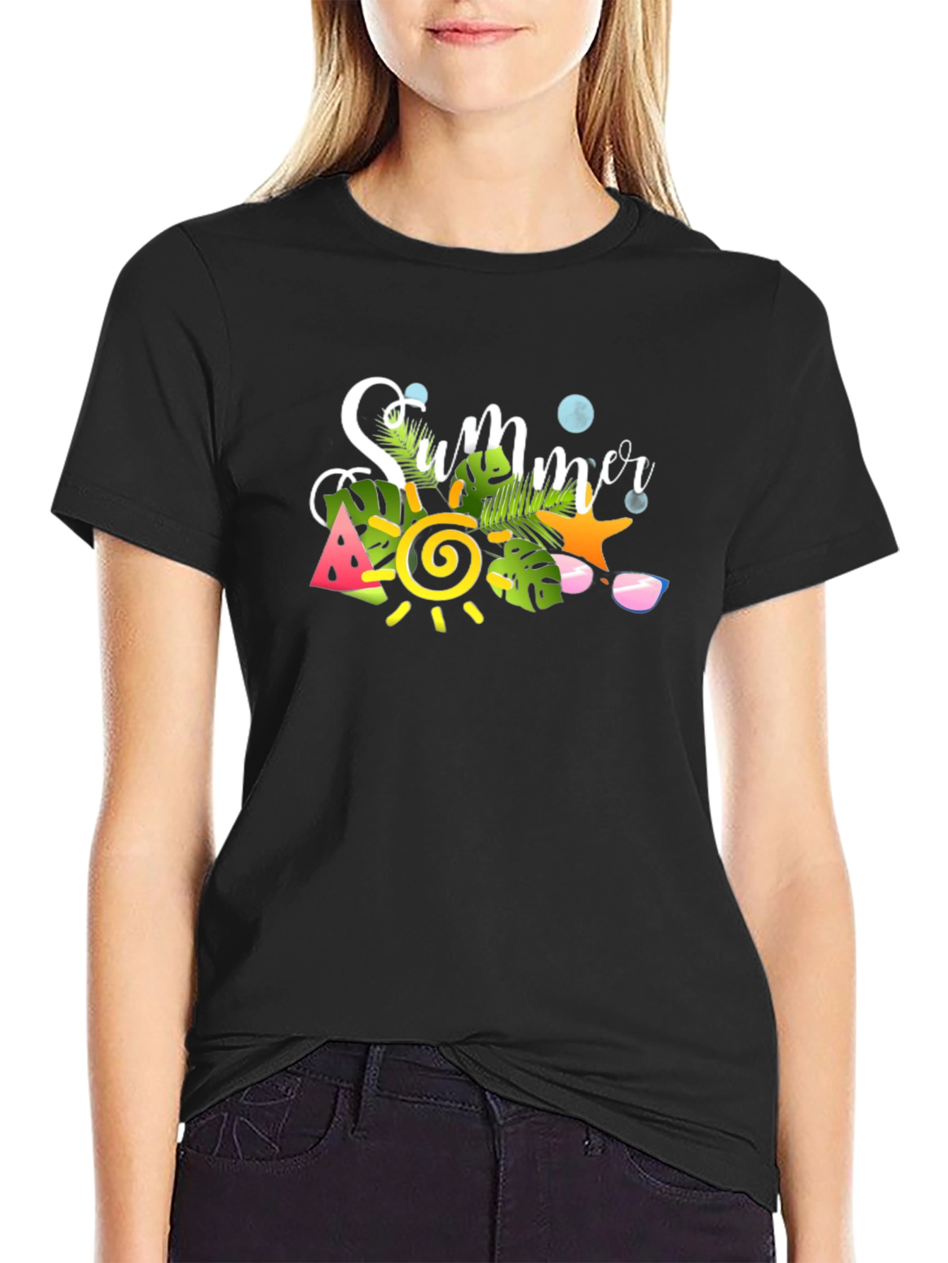 Summer Graphic Black T-Shirt - Tropical Design