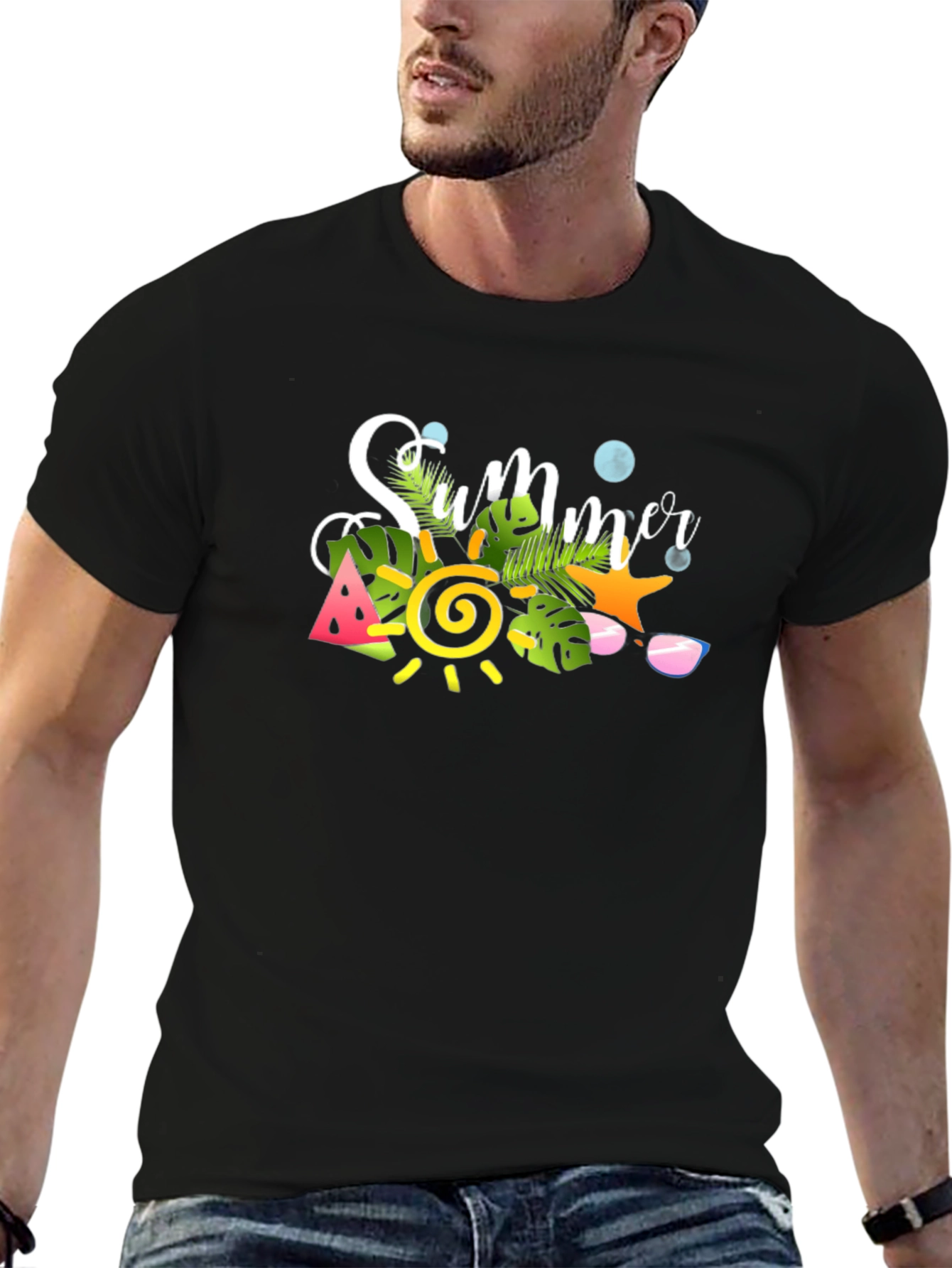 Summer Graphic Black T-Shirt - Tropical Design