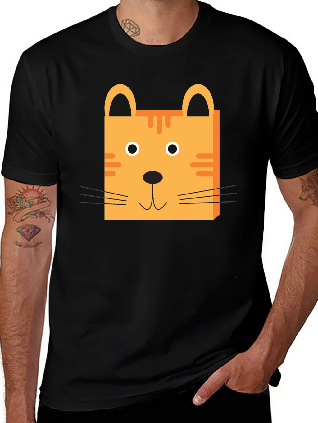 Cute Cartoon Cat Face Black T-Shirt