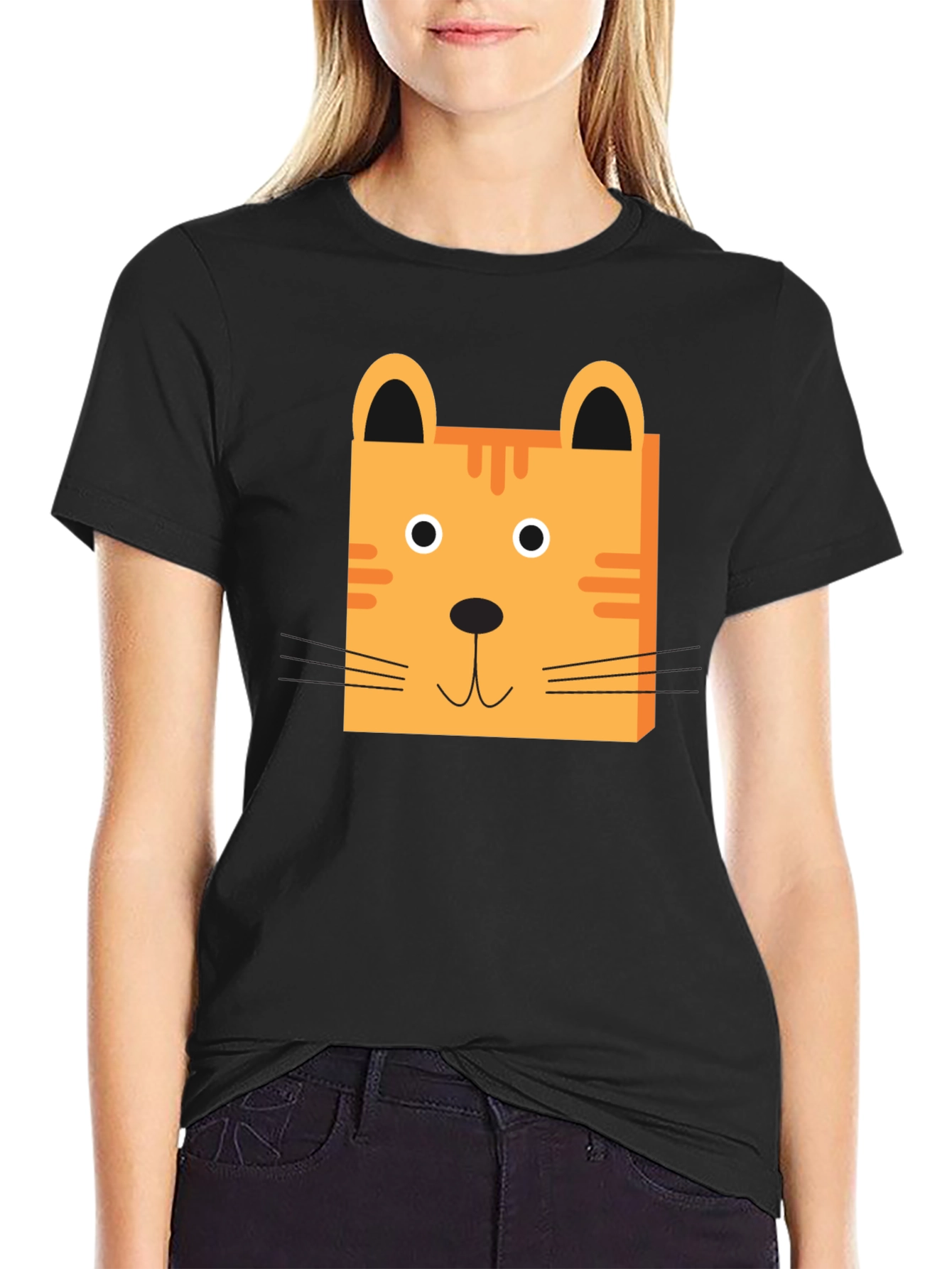 Cute Cartoon Cat Face Black T-Shirt