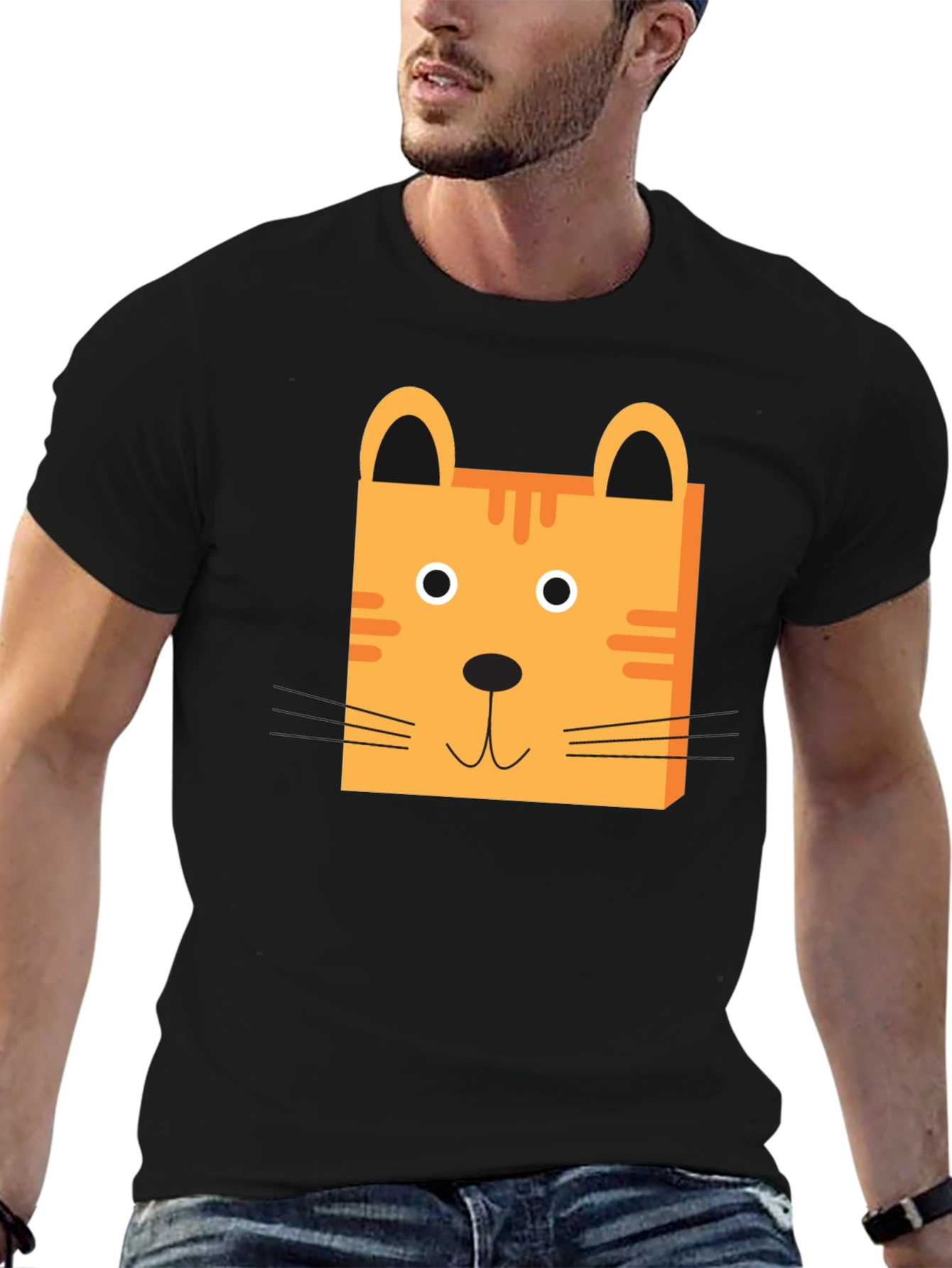 Cute Cartoon Cat Face Black T-Shirt