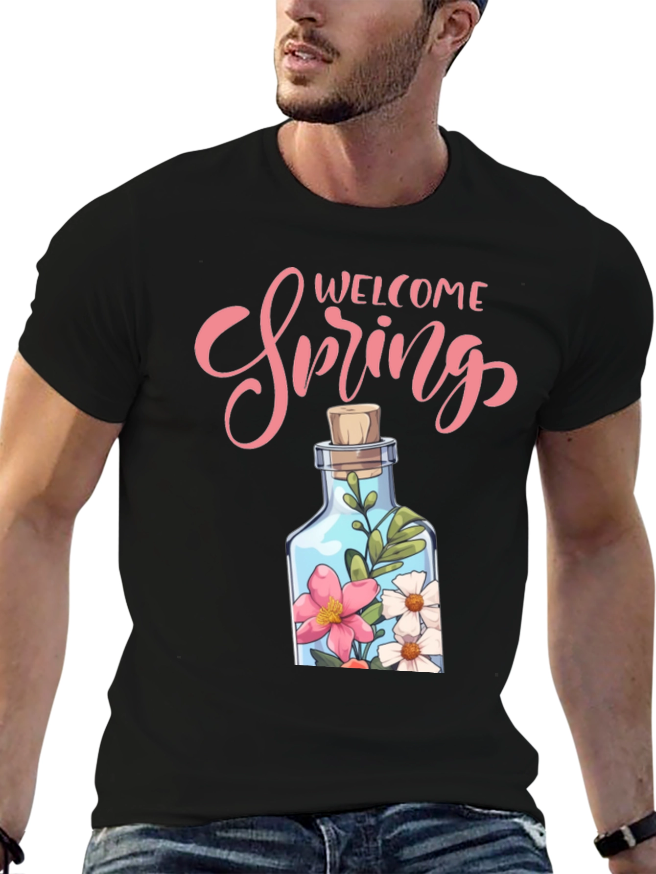 Welcome Spring Graphic Tee - Floral Bottle Design