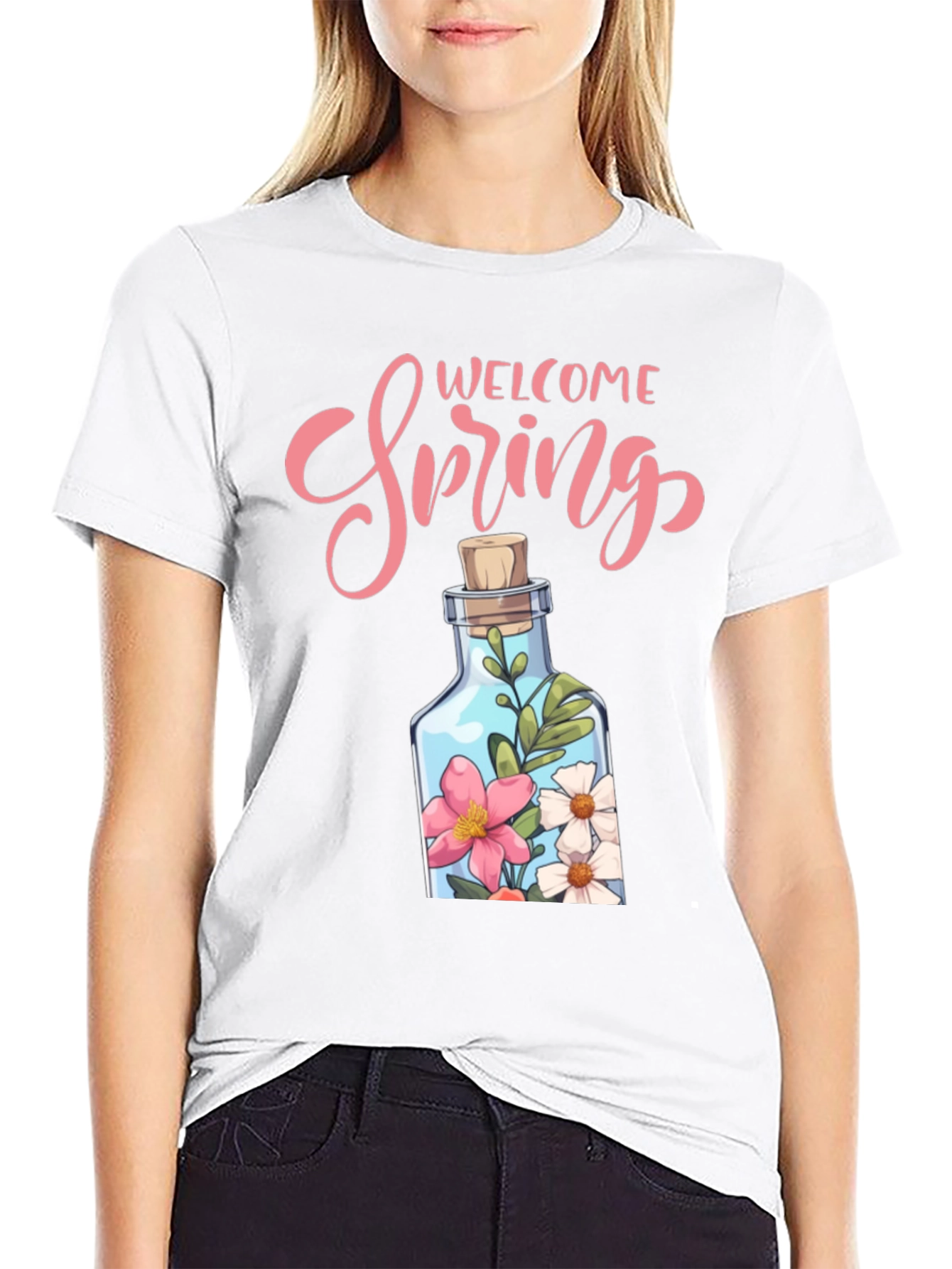 Welcome Spring Graphic Tee - Floral Bottle Design