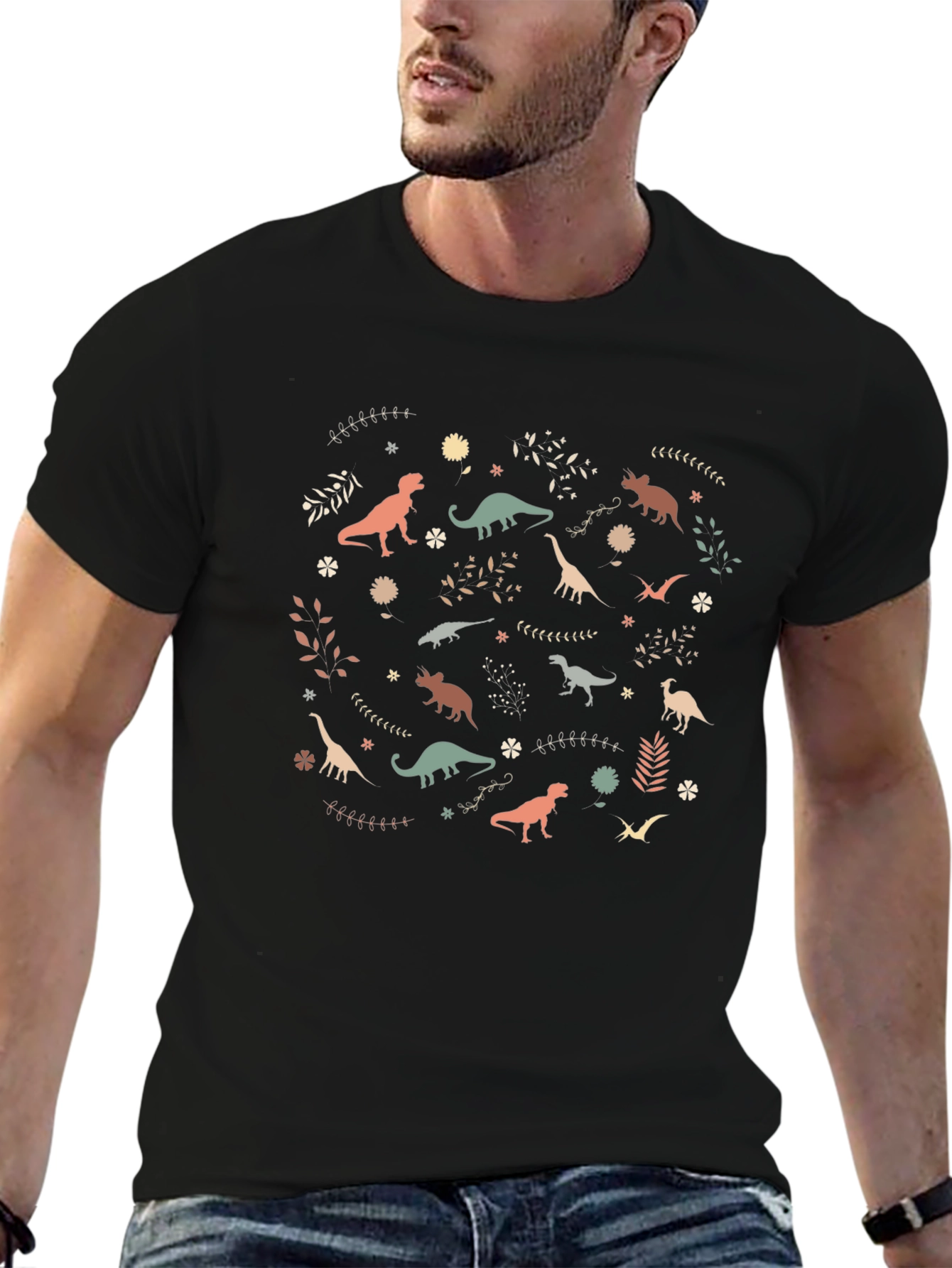 Dinosaur Pattern Black Cotton T-Shirt