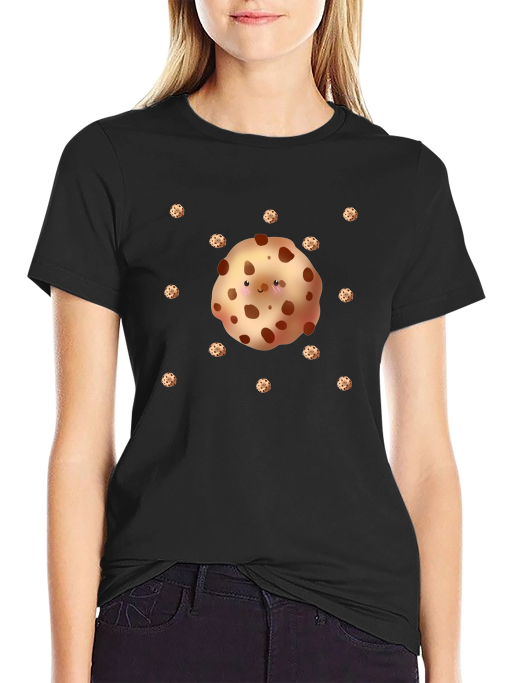 Cute Cookie Pattern Black T-Shirt