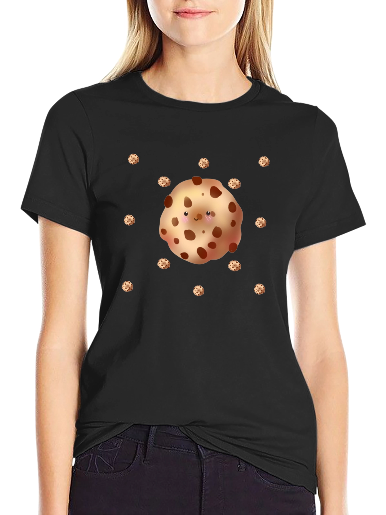 Cute Cookie Pattern Black T-Shirt