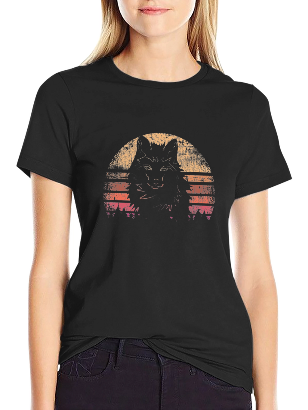 Retro Wolf Sunset Graphic Tee - Black T-Shirt