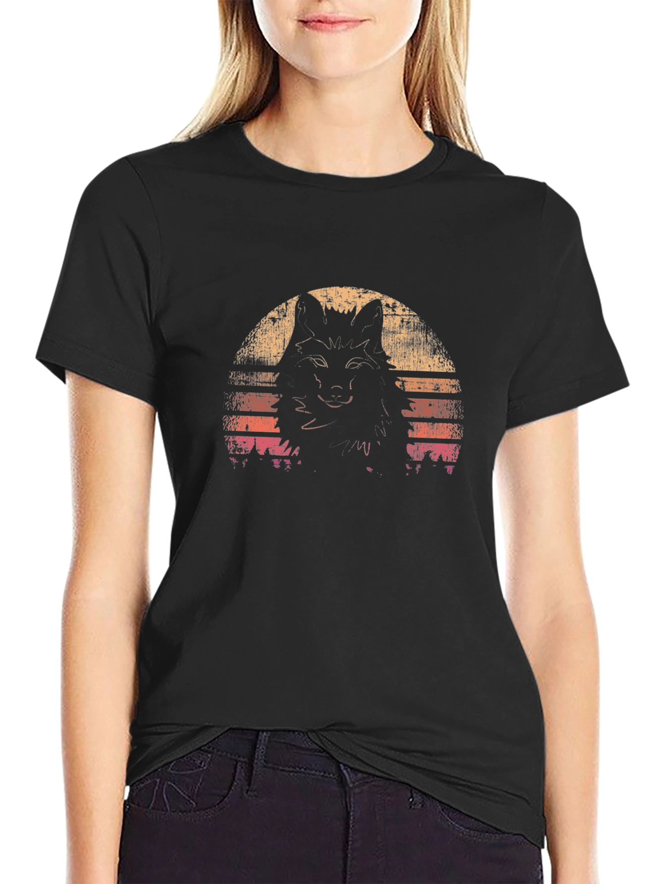 Retro Wolf Sunset Graphic Tee - Black T-Shirt
