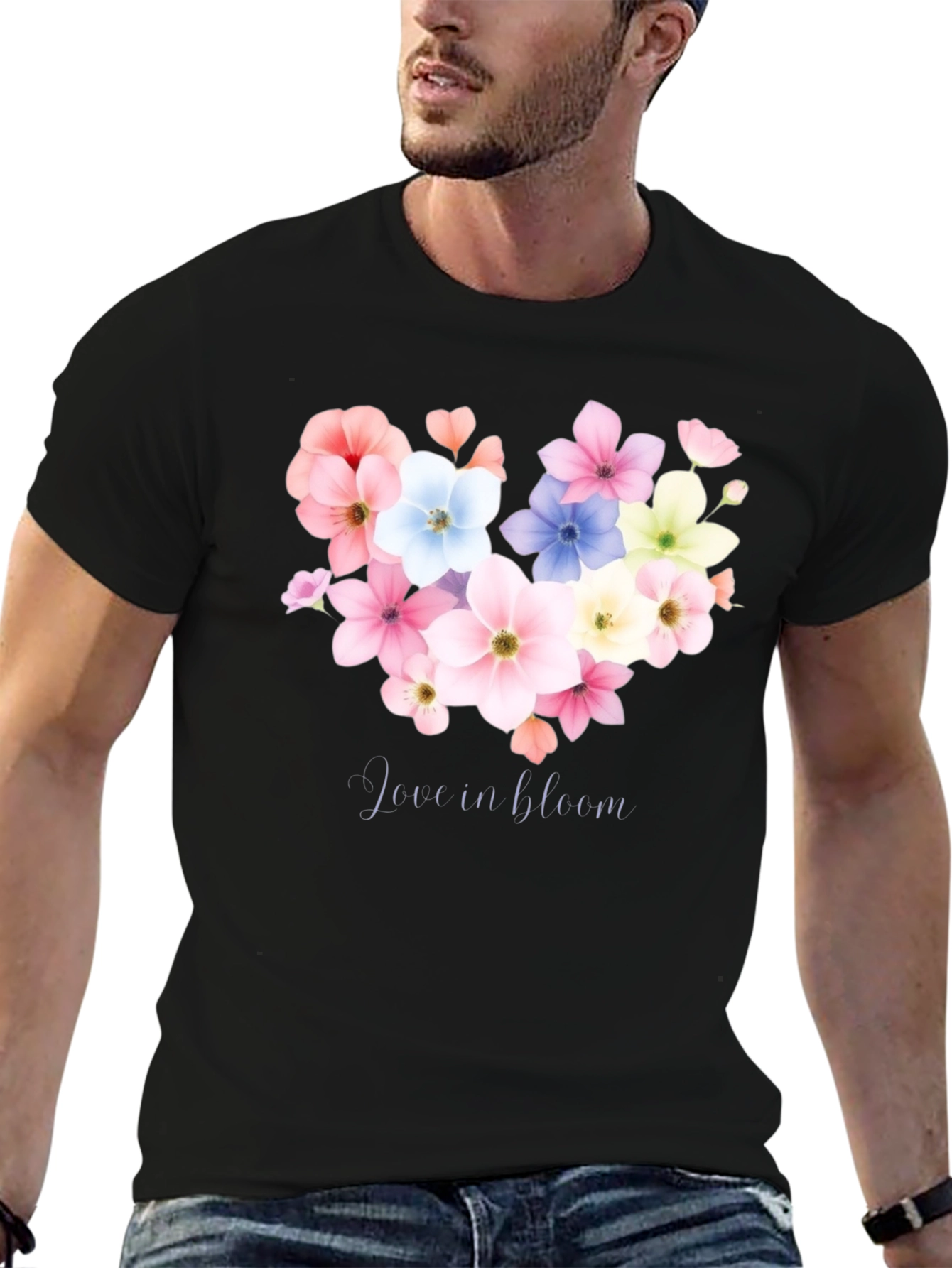 Love in Bloom Floral Heart Graphic Tee - Black