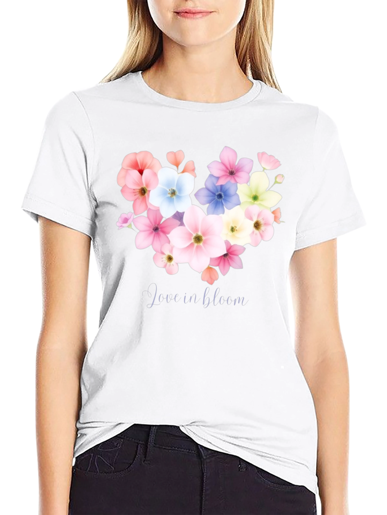Love in Bloom Floral Heart Graphic Tee - Black