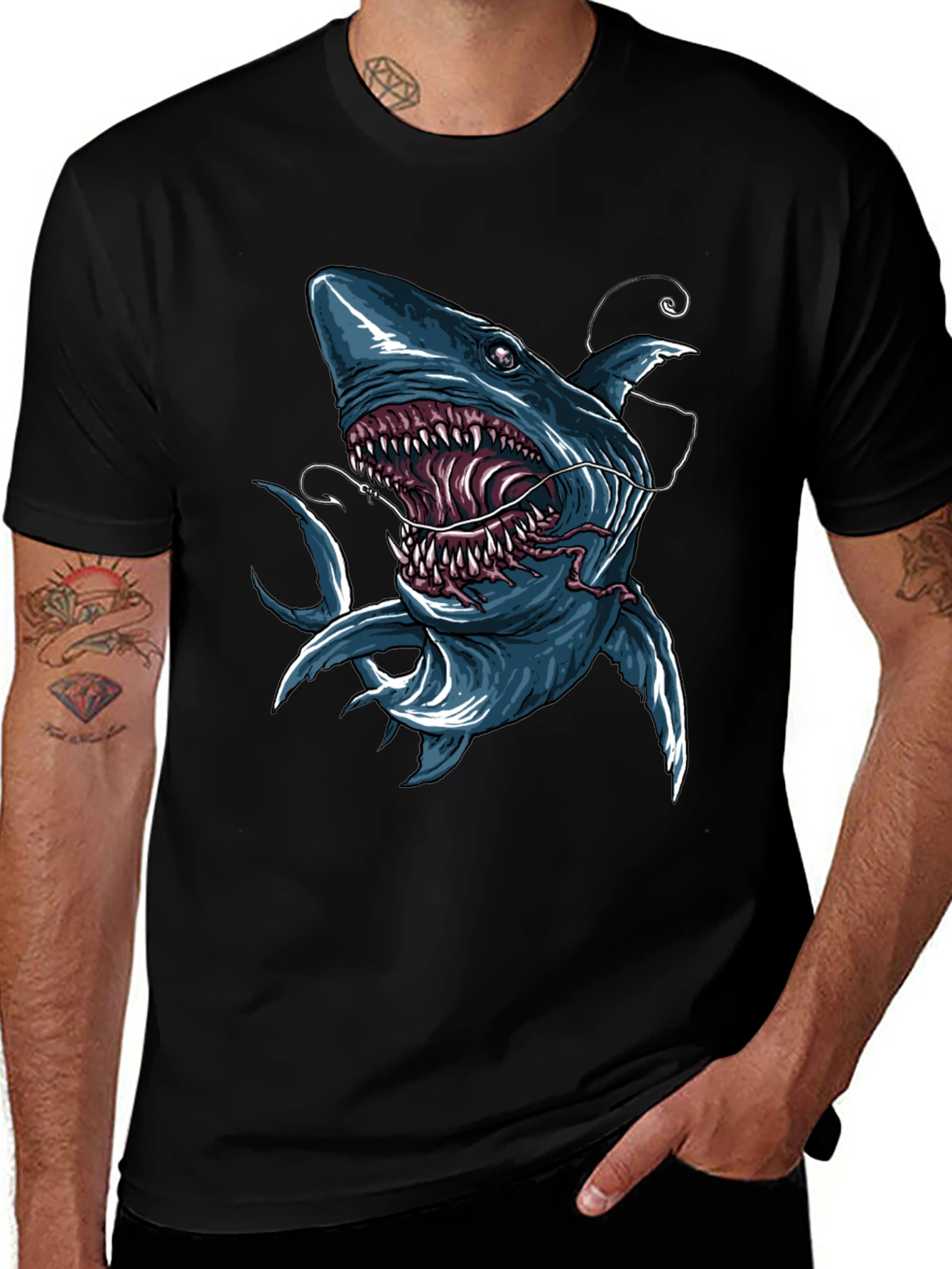 Mens Shark Graphic Print Black T-Shirt