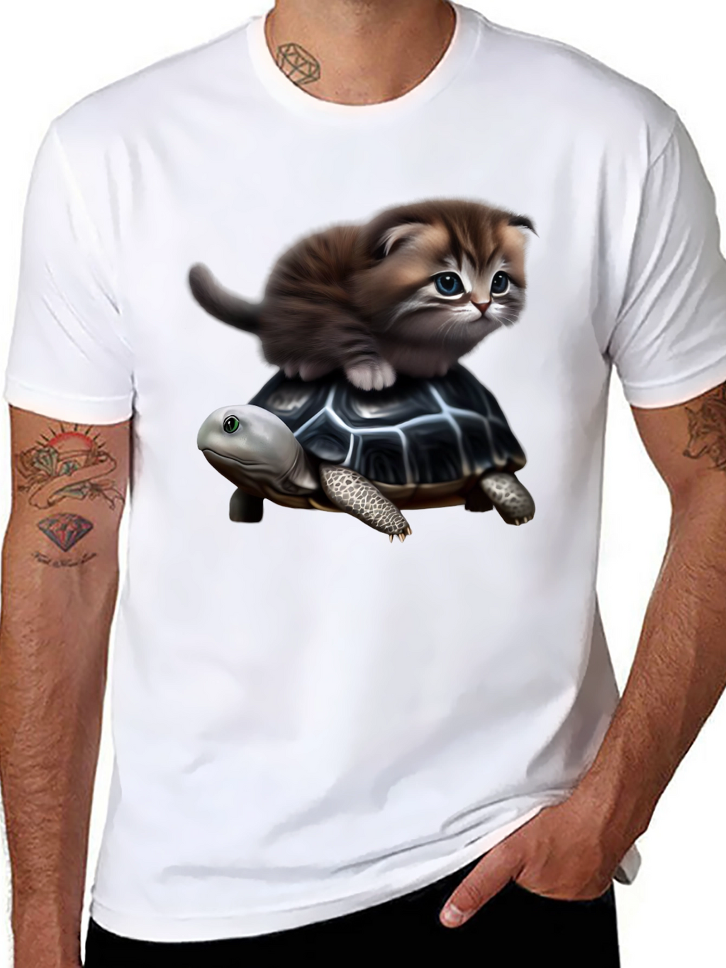 Kitten Riding Turtle Graphic T-Shirt