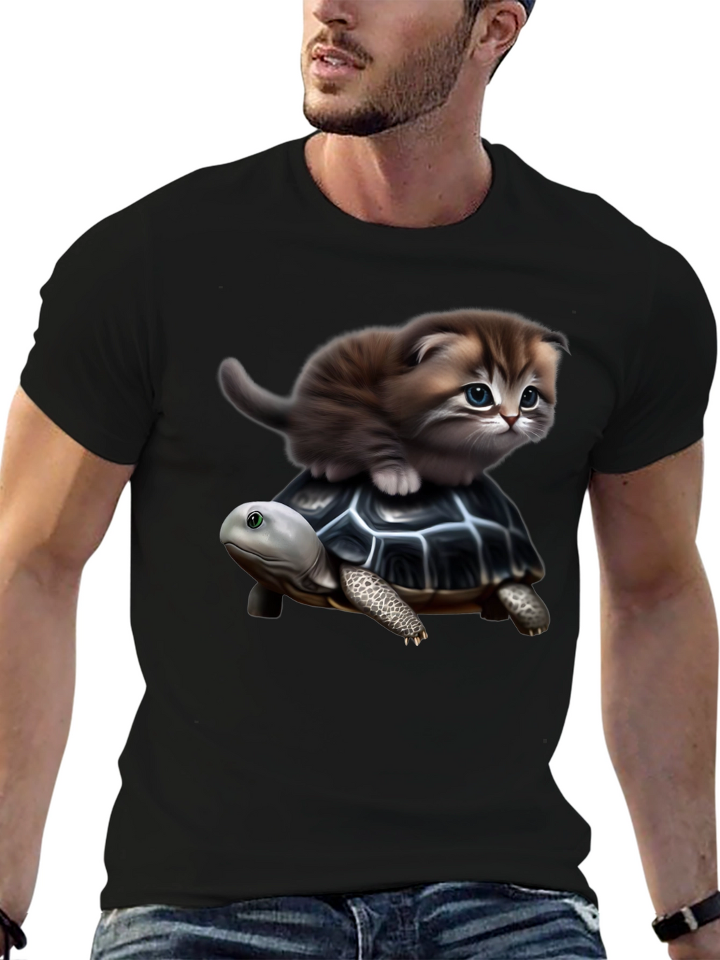 Kitten Riding Turtle Graphic T-Shirt