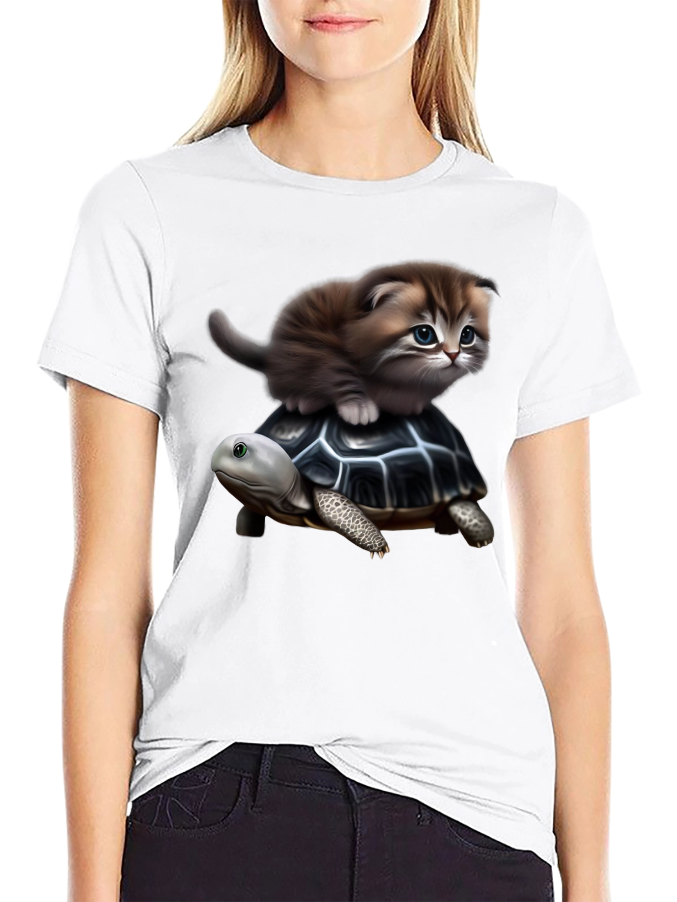 Kitten Riding Turtle Graphic T-Shirt
