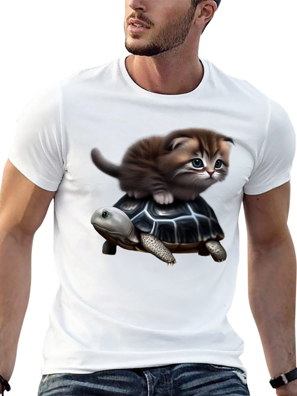 Kitten Riding Turtle Graphic T-Shirt