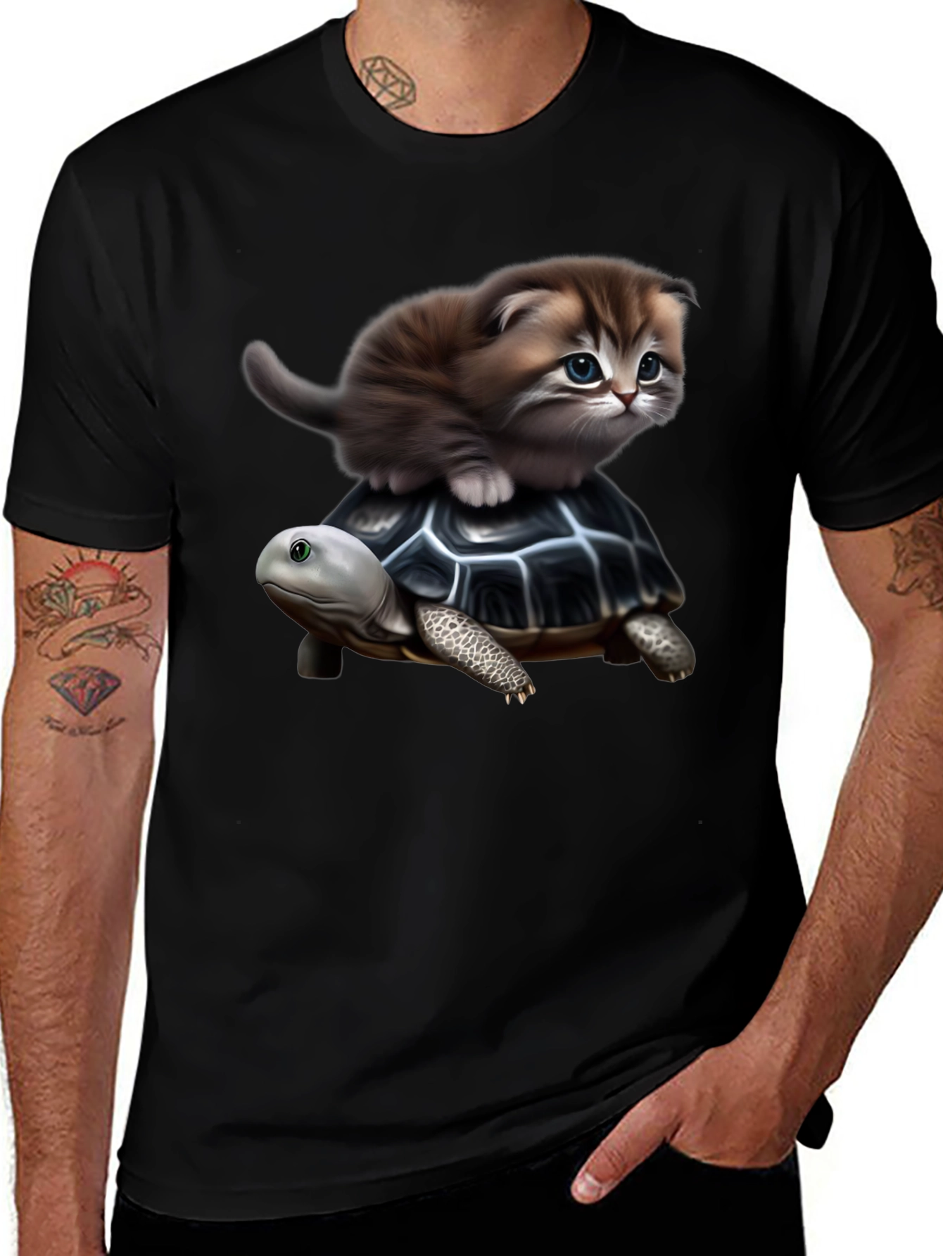 Kitten Riding Turtle Graphic T-Shirt