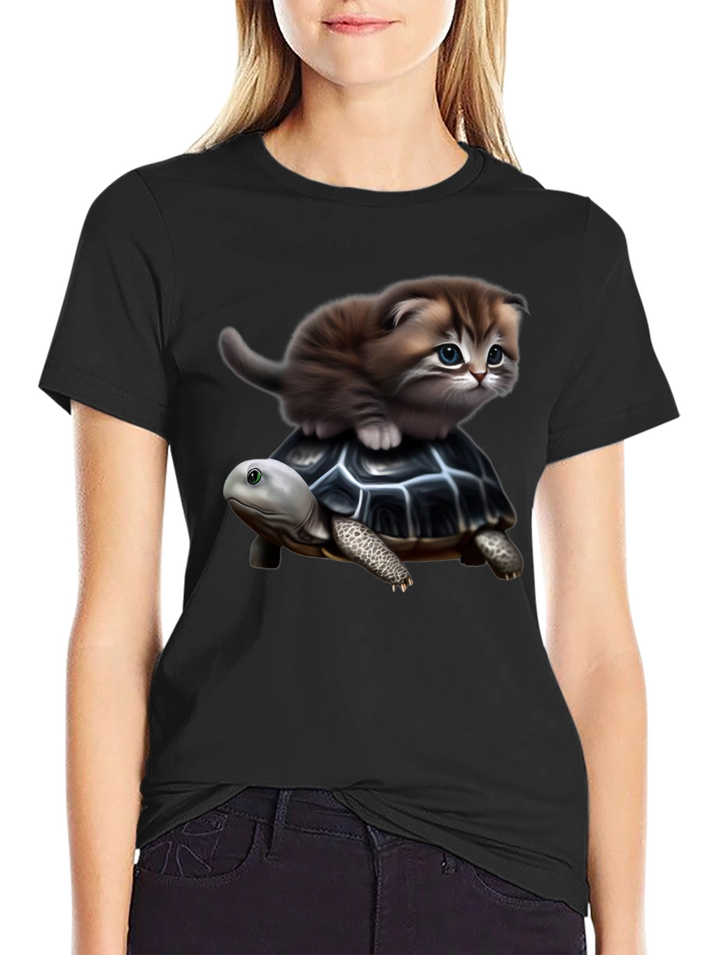 Kitten Riding Turtle Graphic T-Shirt
