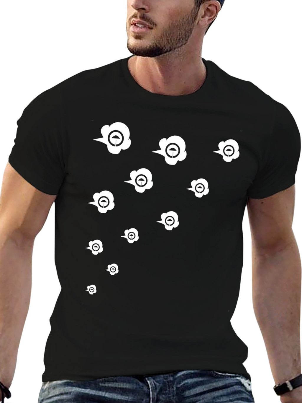 Stylish Black Graphic Tee with White Umbrella Design