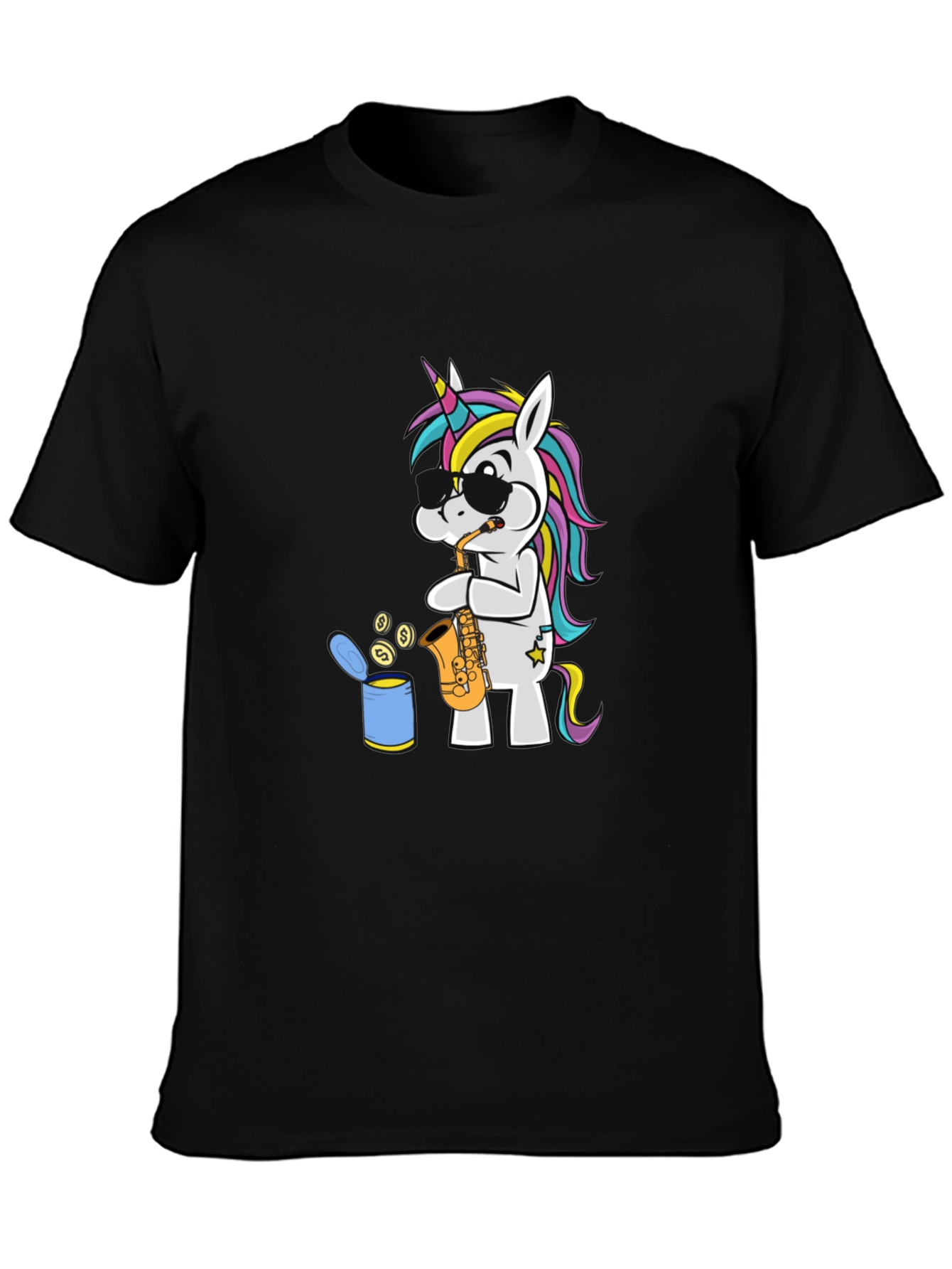 Unicorn Sax Player Graphic T-Shirt - Black Cotton Tee