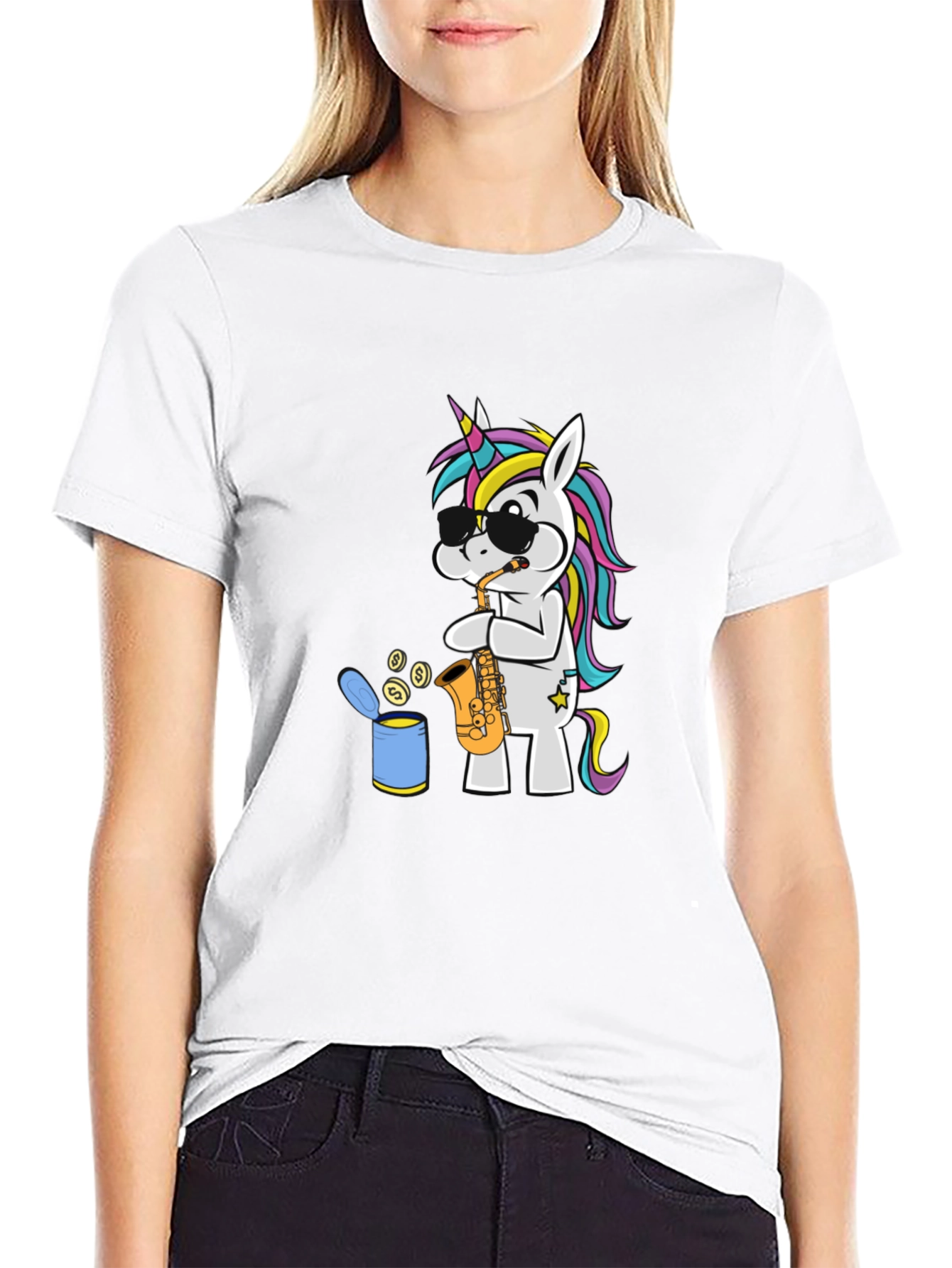 Unicorn Sax Player Graphic T-Shirt - Black Cotton Tee