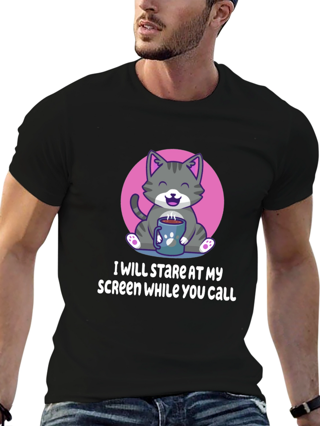 Funny Cat Stare Screen Black T-Shirt
