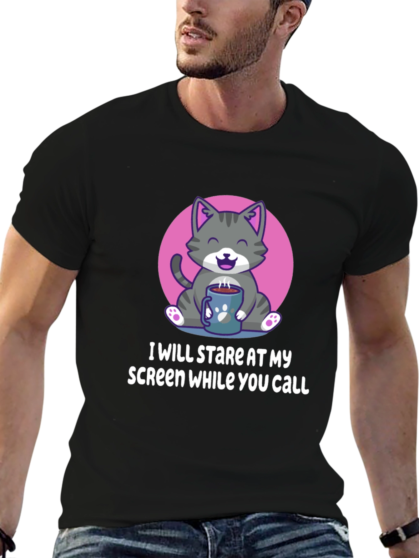 Funny Cat Stare Screen Black T-Shirt