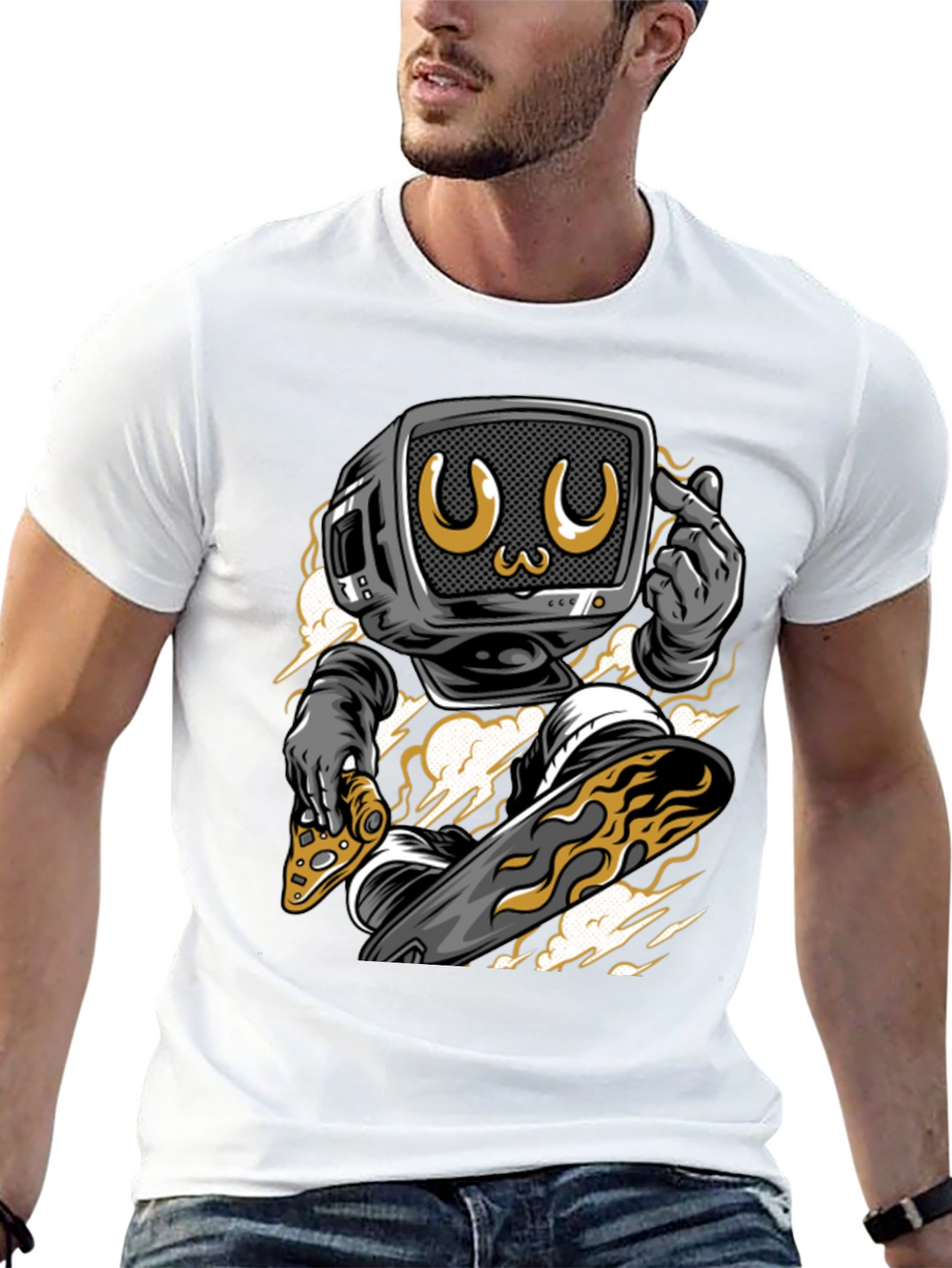 Retro TV Head Pizza Skateboarding Graphic Tee