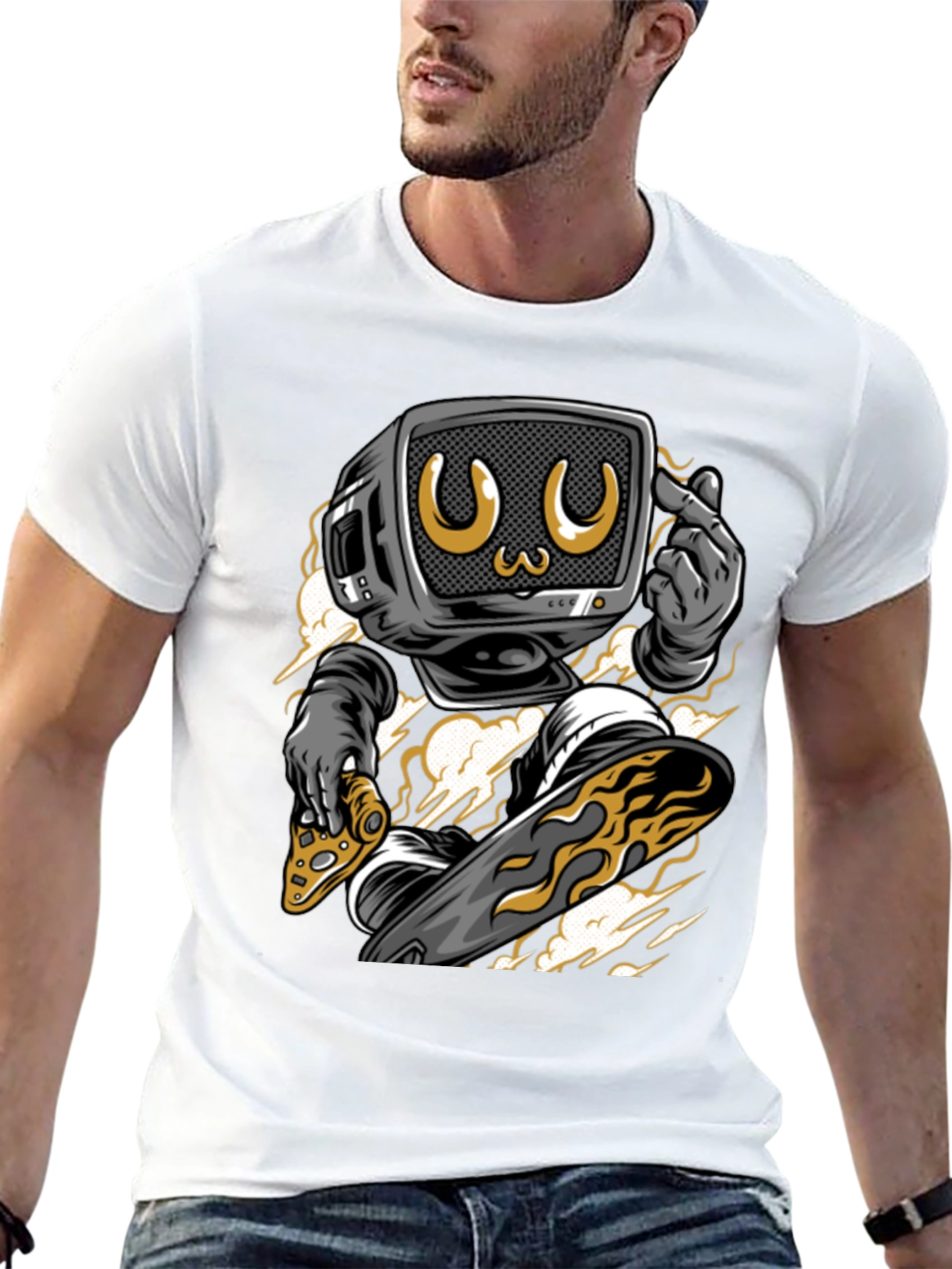 Retro TV Head Pizza Skateboarding Graphic Tee