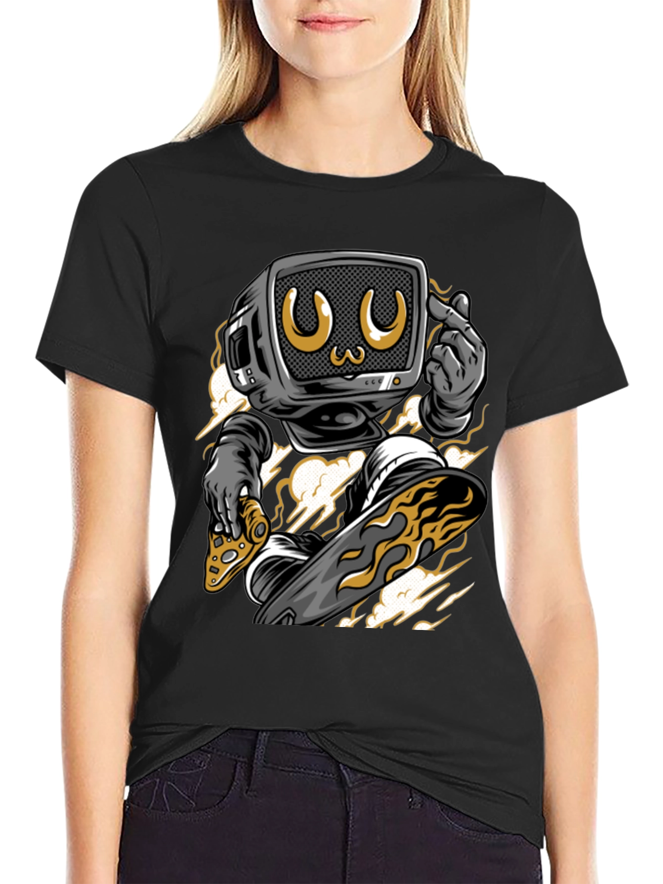 Retro TV Head Pizza Skateboarding Graphic Tee