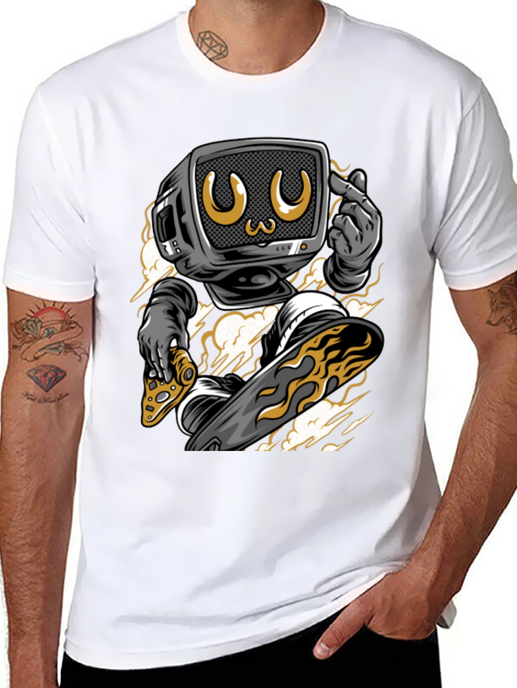 Retro TV Head Pizza Skateboarding Graphic Tee